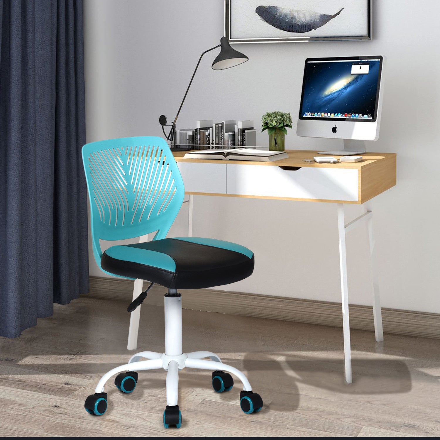 Blue Black and White Adjustable Height Swivel Rolling Office Chair