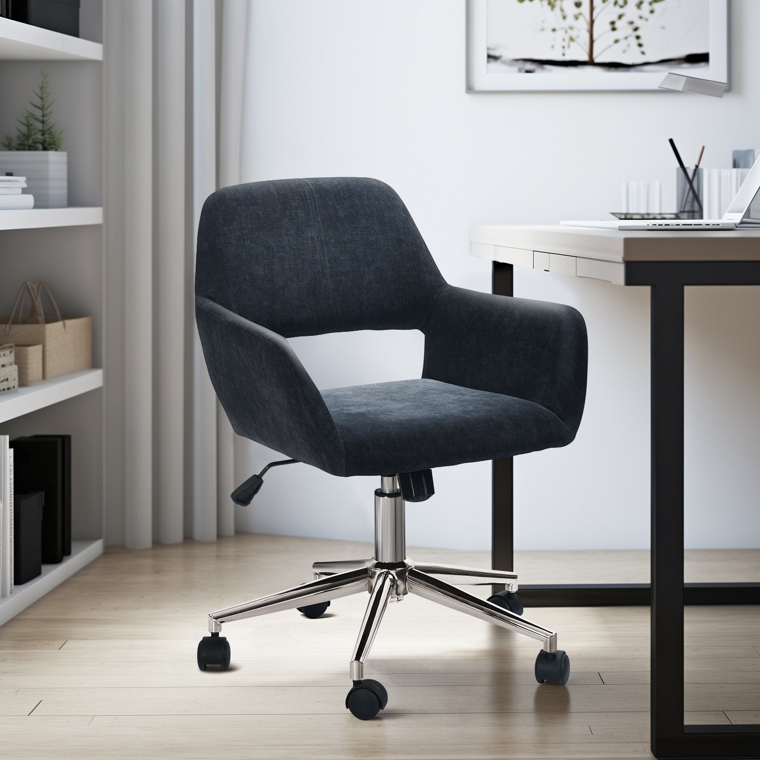 Black and Silver Upholstered and Steel Adjustable Swivel Rolling Office Chair