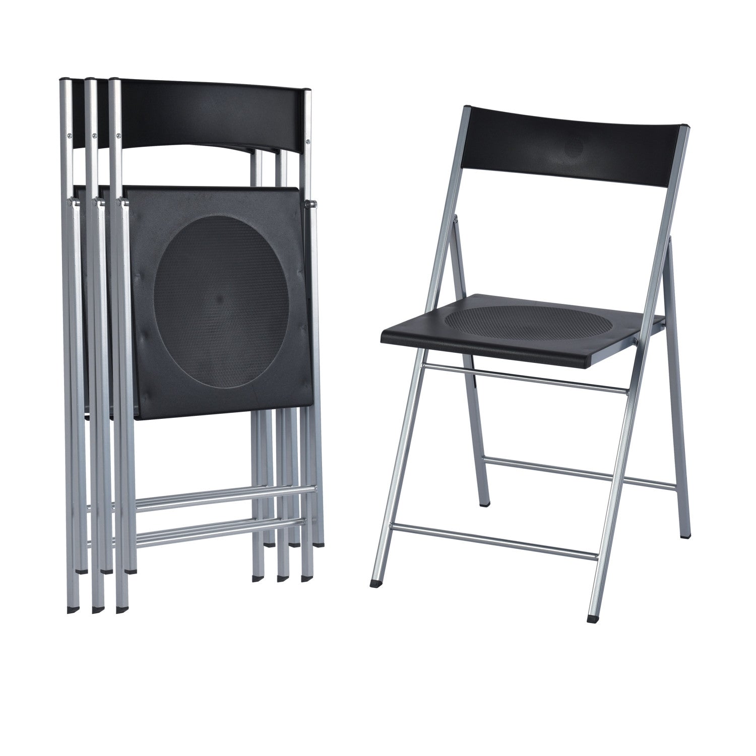 Set of Six Black and Silver Folding Side Chairs