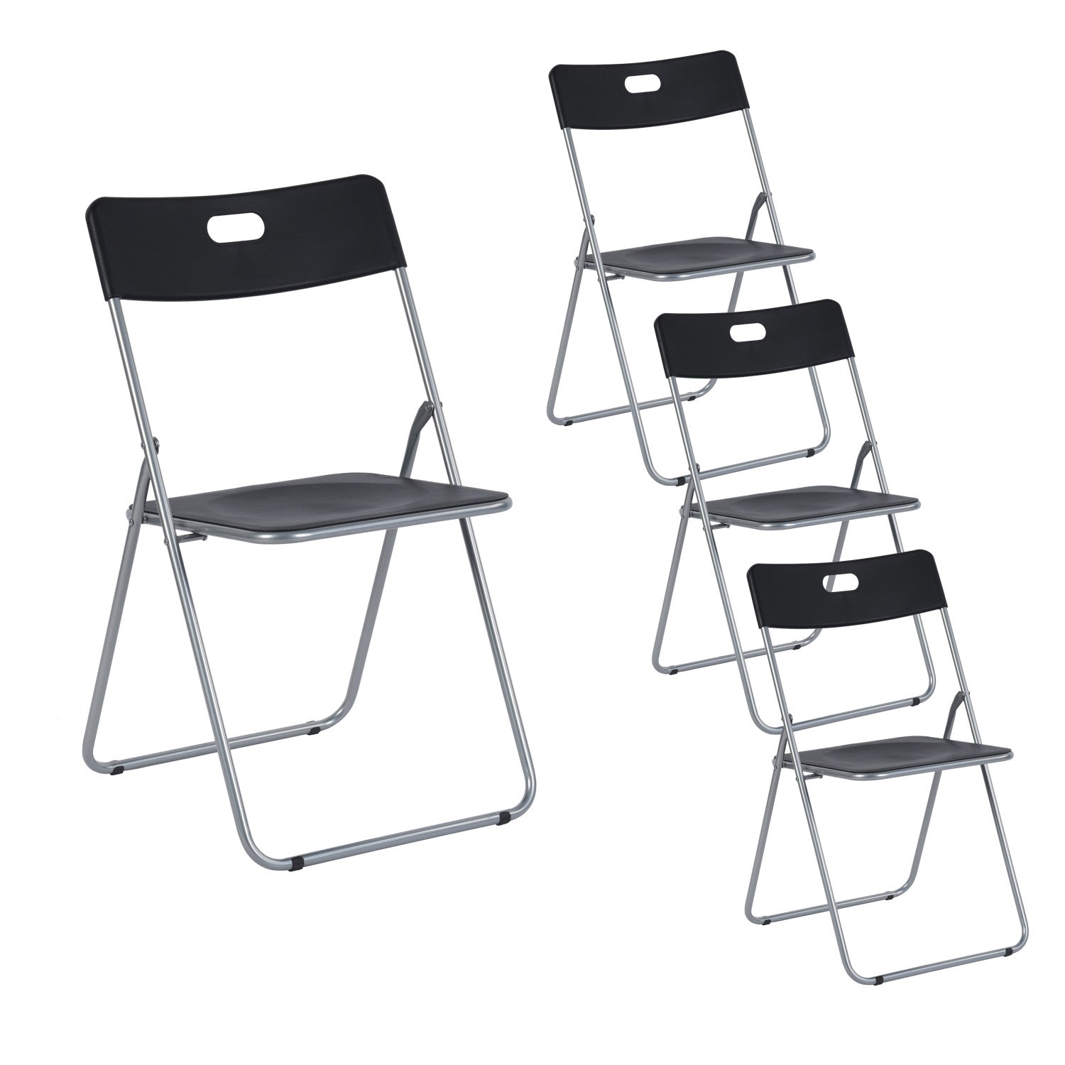 Set of Four Black and Silver Open Back Dining Side Chairs