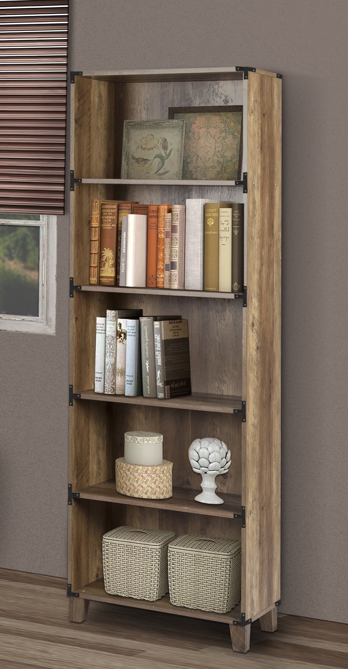 71" Oak Distressed Wood Five Tier Etagere Bookcase
