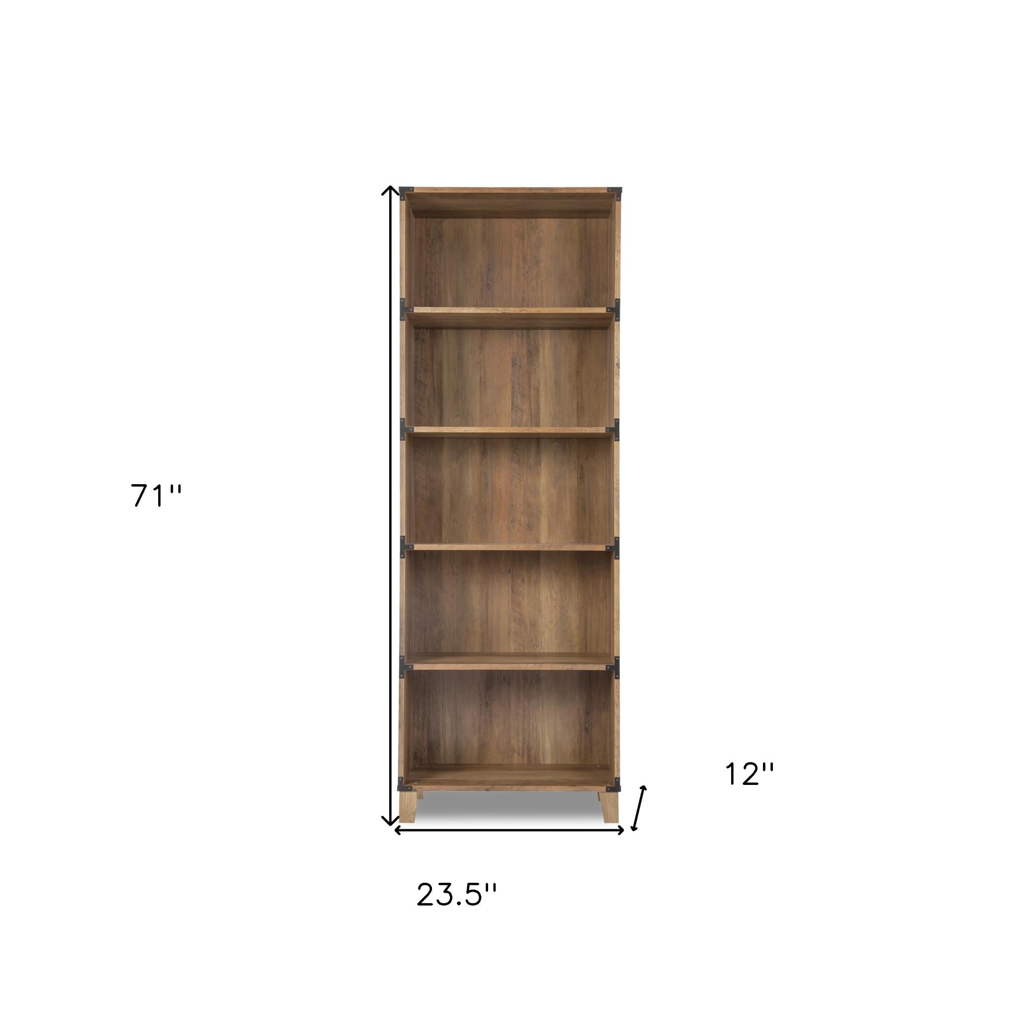 71" Oak Distressed Wood Five Tier Etagere Bookcase
