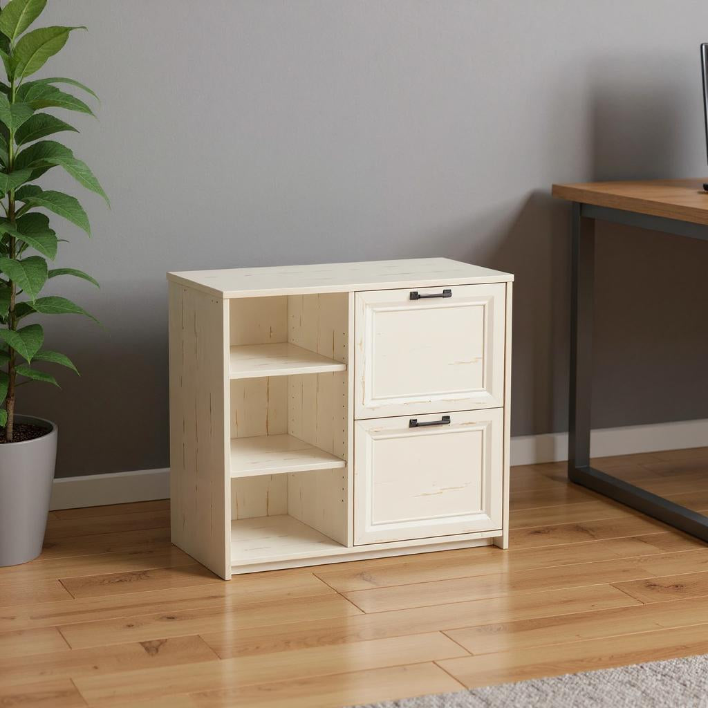 30" Antiqued White Distressed Wood Two Drawers Filing Cabinet