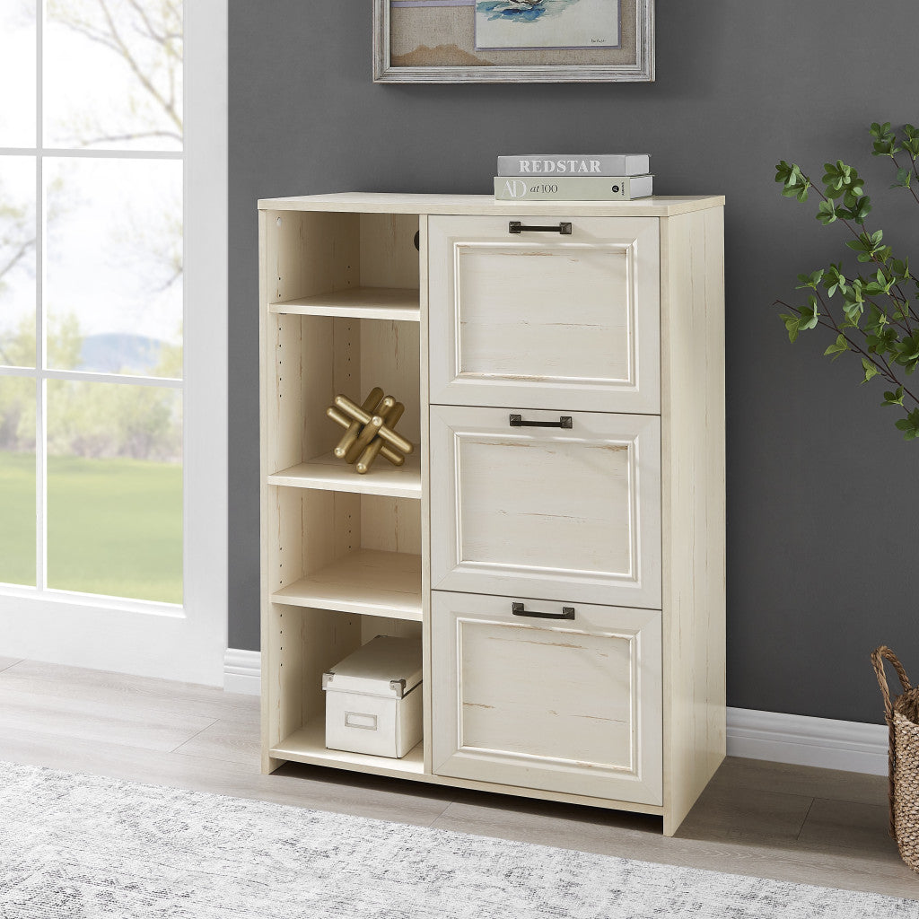 43" Antiqued White Distressed Wood Three Drawers Filing Cabinet