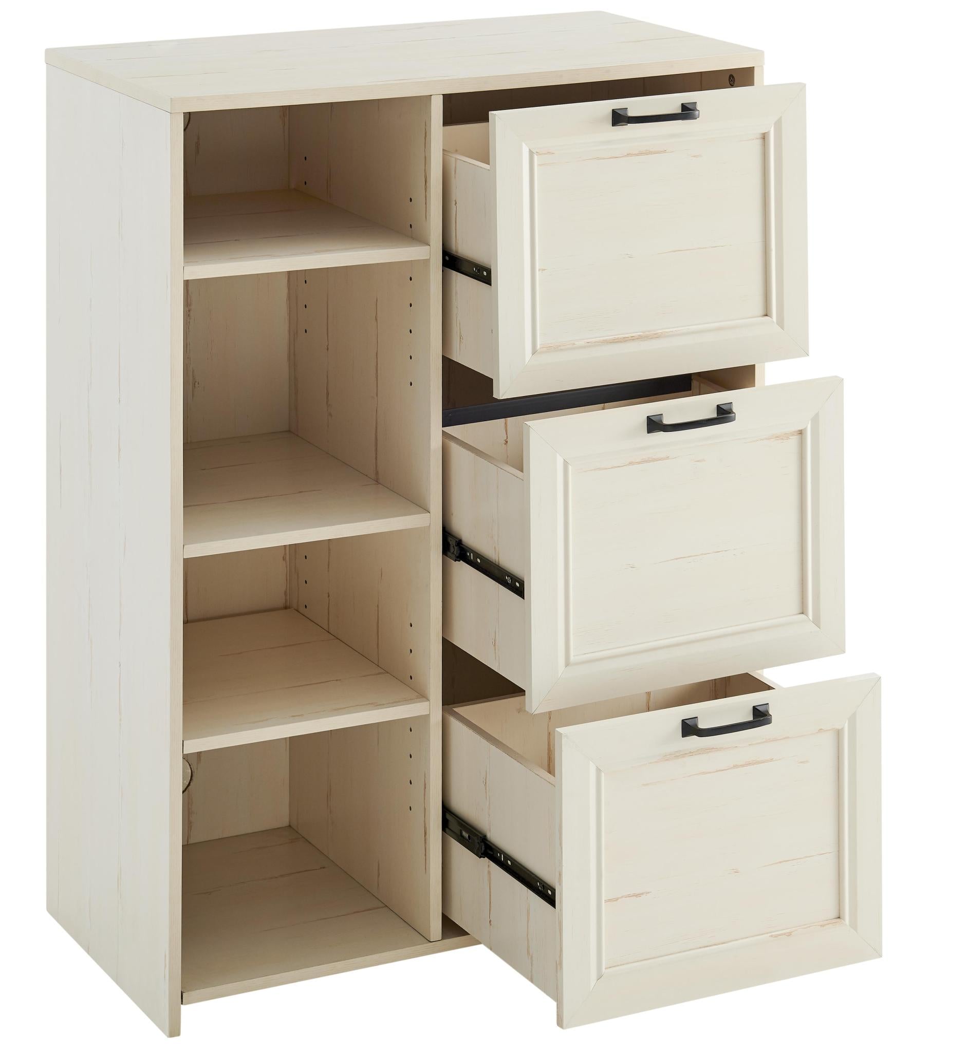 43" Antiqued White Distressed Wood Three Drawers Filing Cabinet