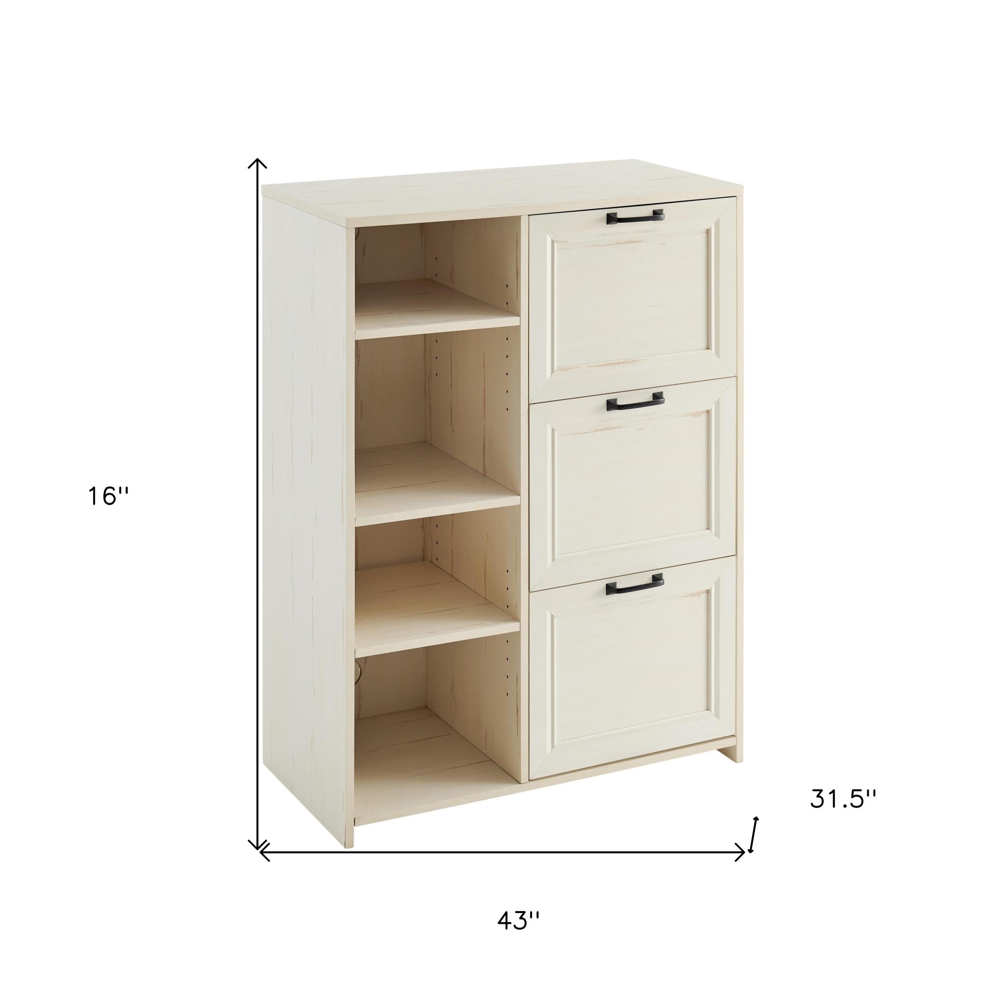 43" Antiqued White Distressed Wood Three Drawers Filing Cabinet