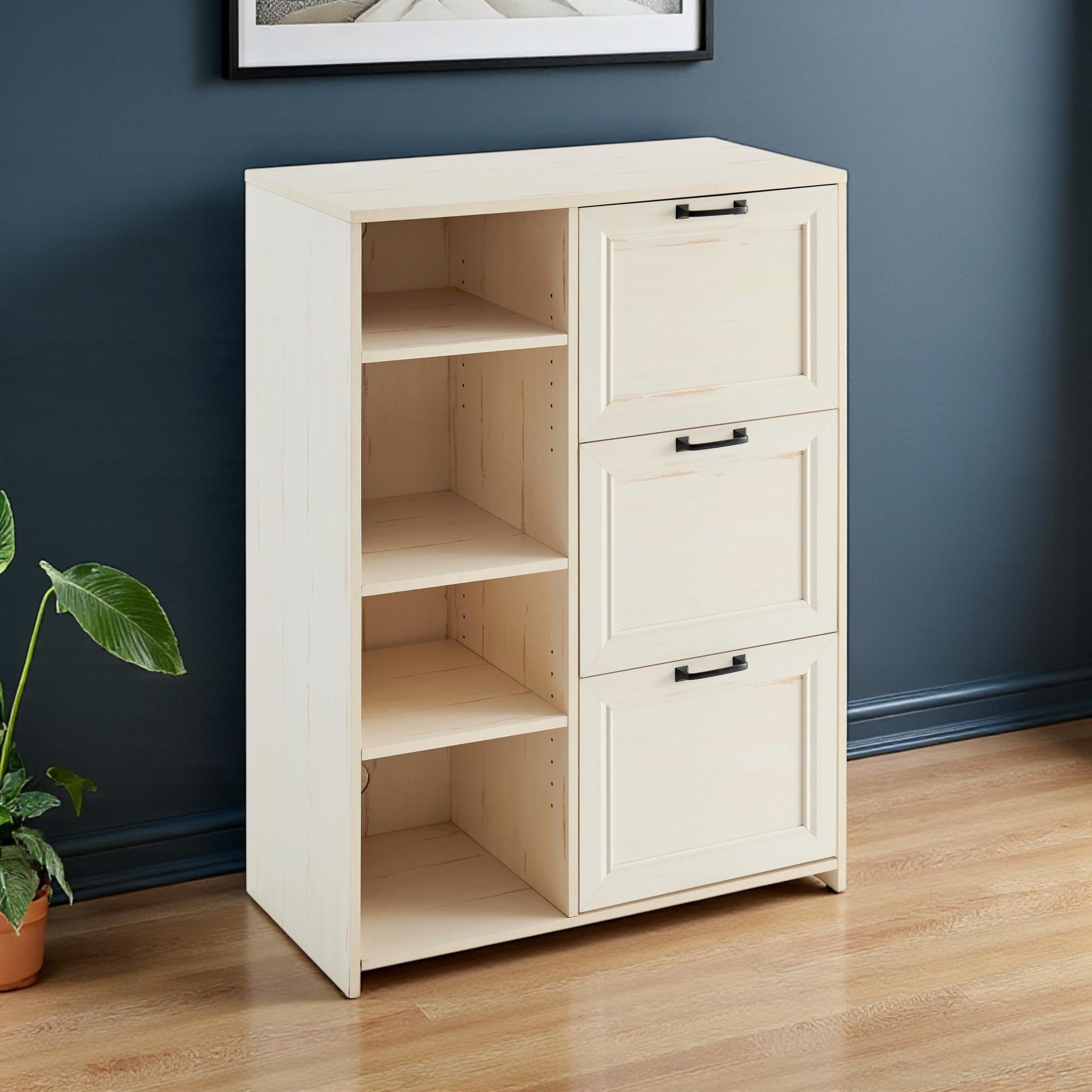 43" Antiqued White Distressed Wood Three Drawers Filing Cabinet