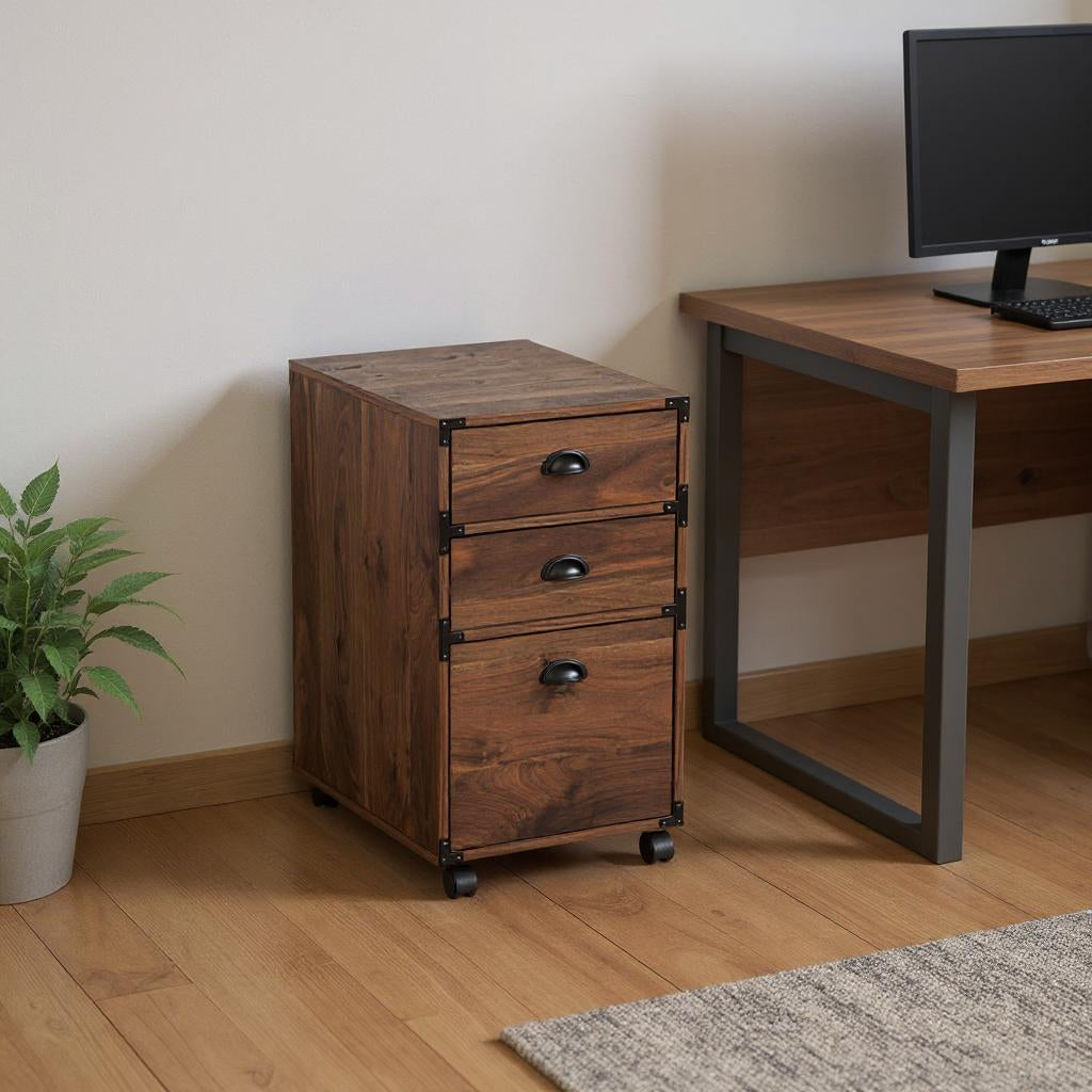 27" Walnut Wood Three Drawers Filing Cabinet