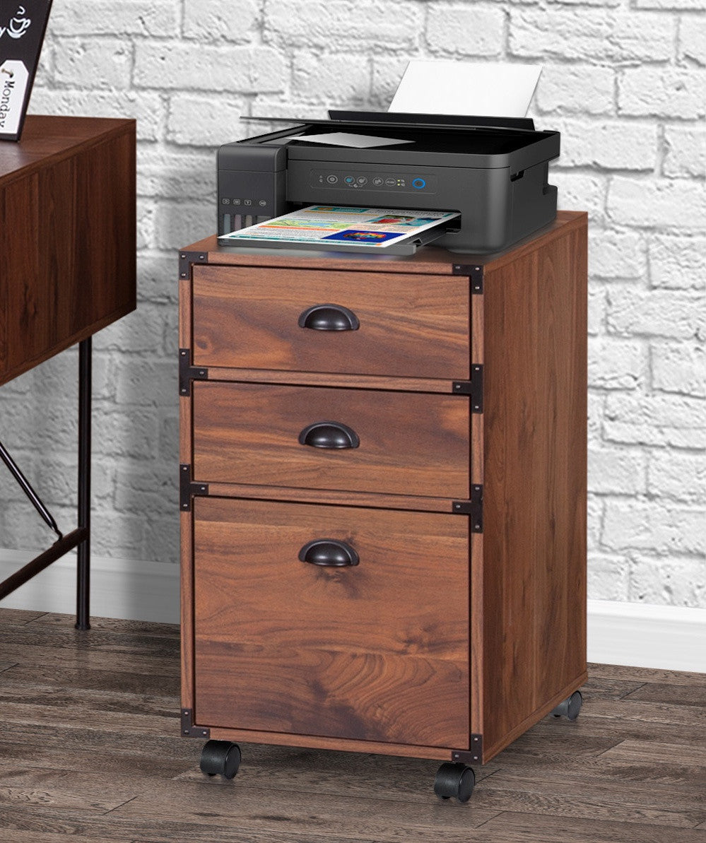 27" Walnut Wood Three Drawers Filing Cabinet
