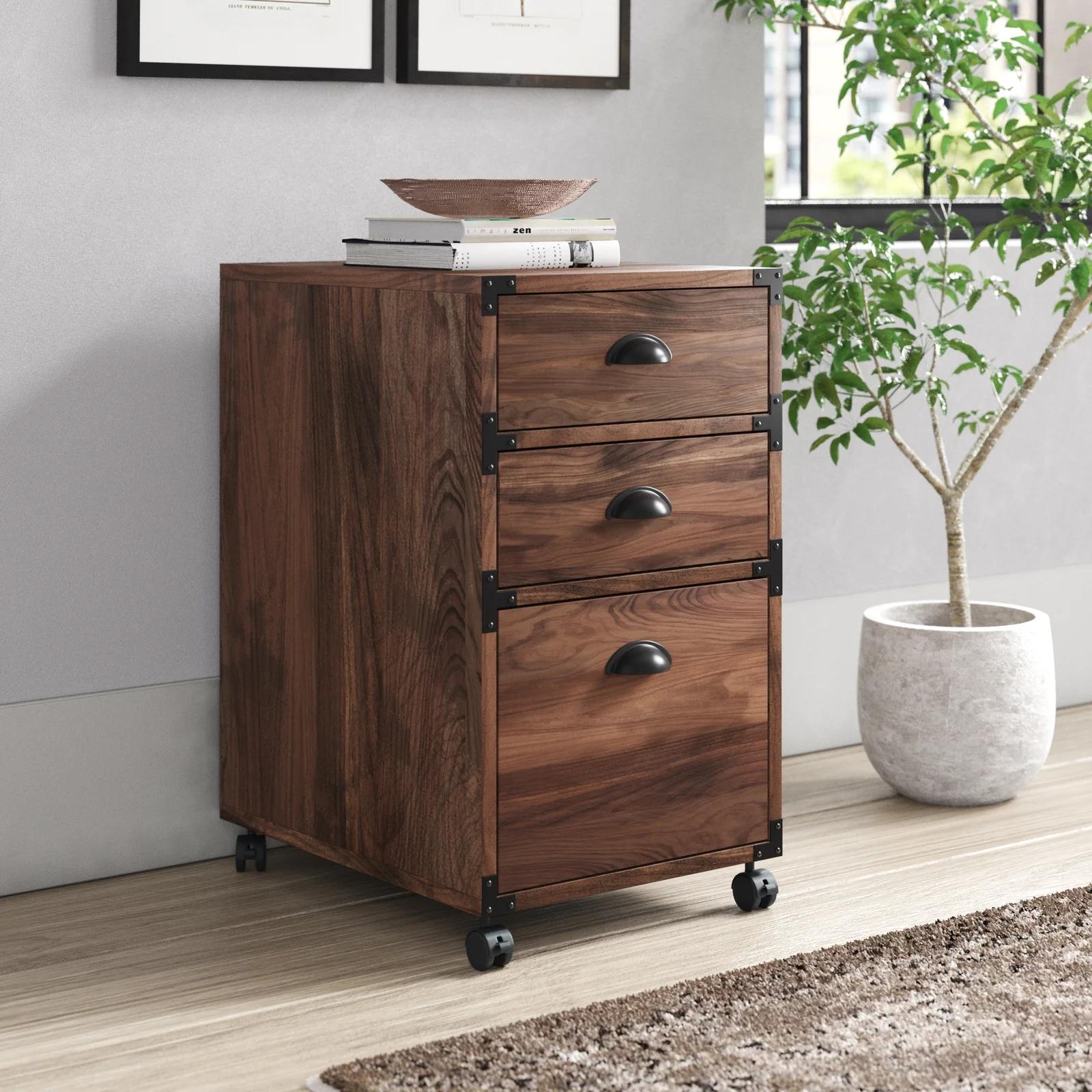 27" Walnut Wood Three Drawers Filing Cabinet