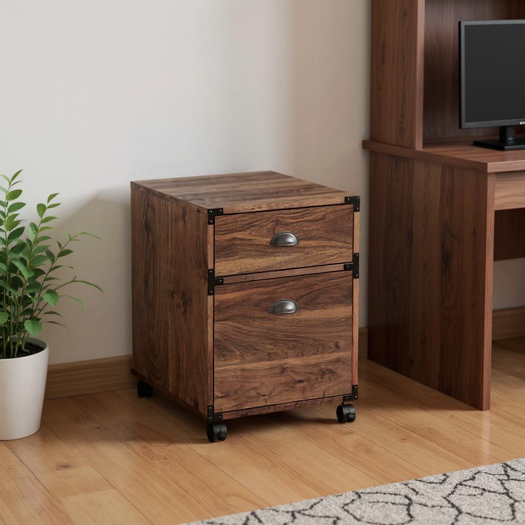 22" Walnut Wood Two Drawers Rolling Filing Cabinet
