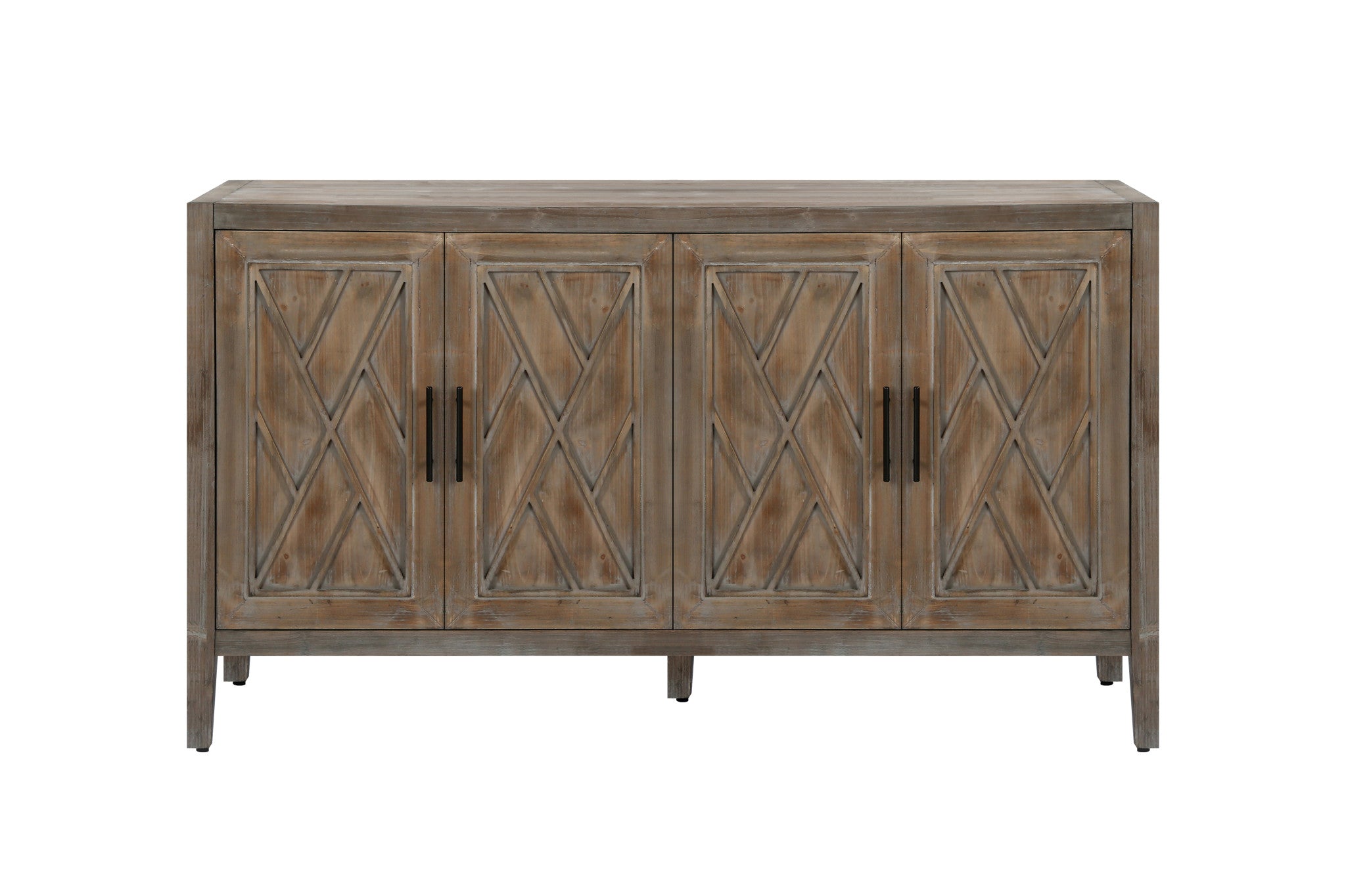 60" Natural and Brown Distressed Carved Geometric Sideboard with Four Doors