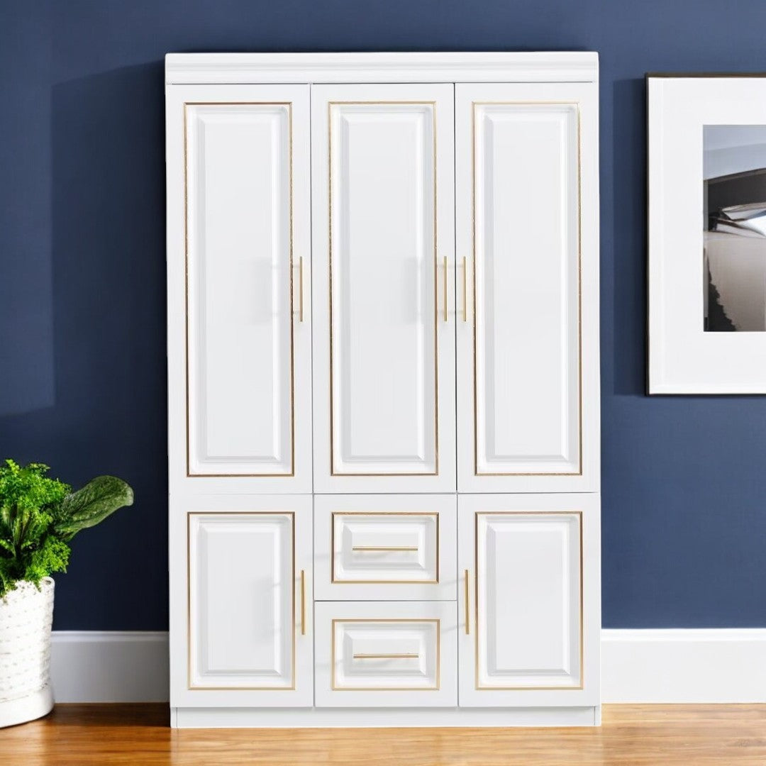74" White And Gold Five Door Two Drawer Combo Dresser