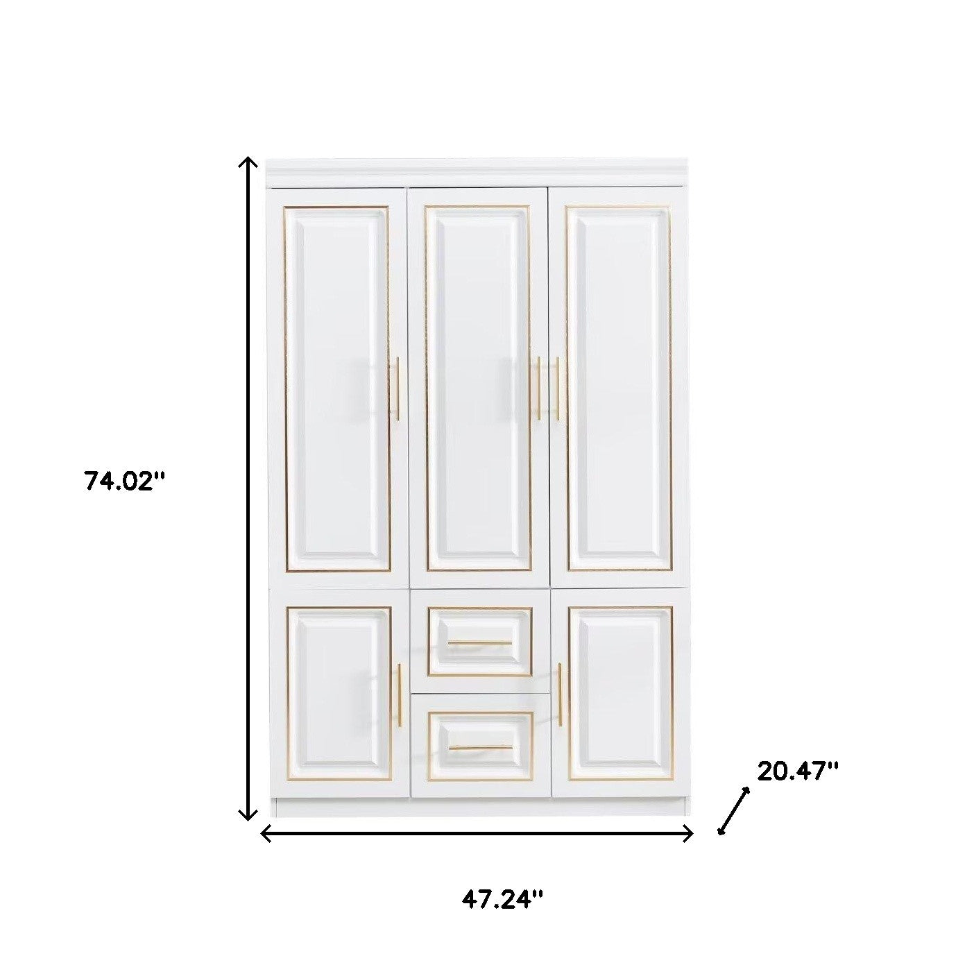 74" White And Gold Five Door Two Drawer Combo Dresser