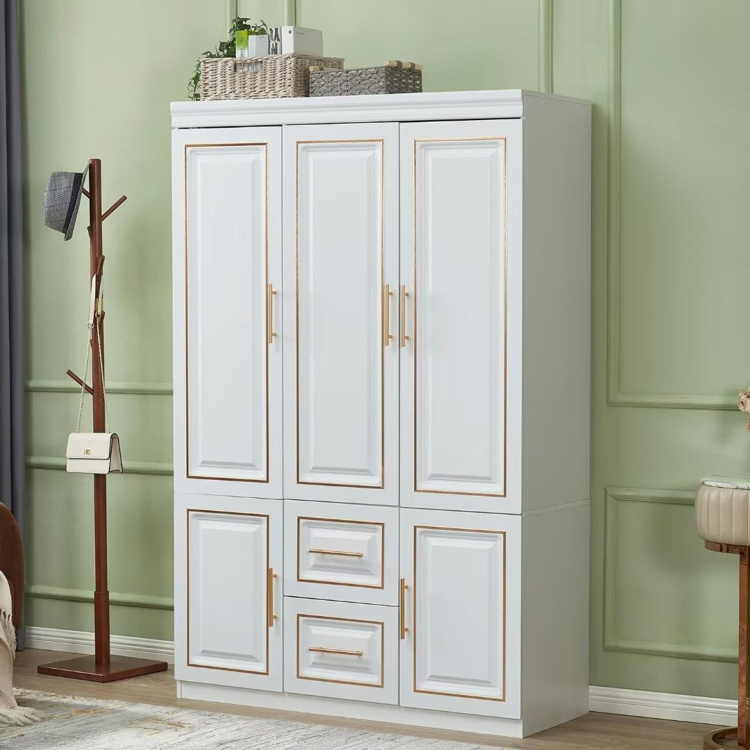 74" White And Gold Five Door Two Drawer Combo Dresser