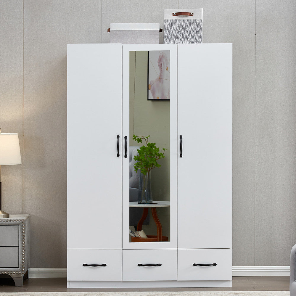 74" White Mirrored Three Door Three Drawer Combo Dresser