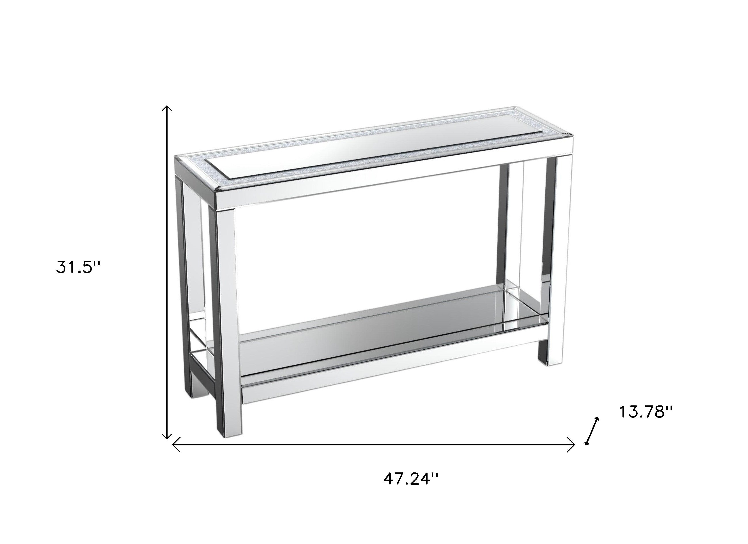 47" Silver Mirrored Glass And Faux Crystals Console Table With Shelf