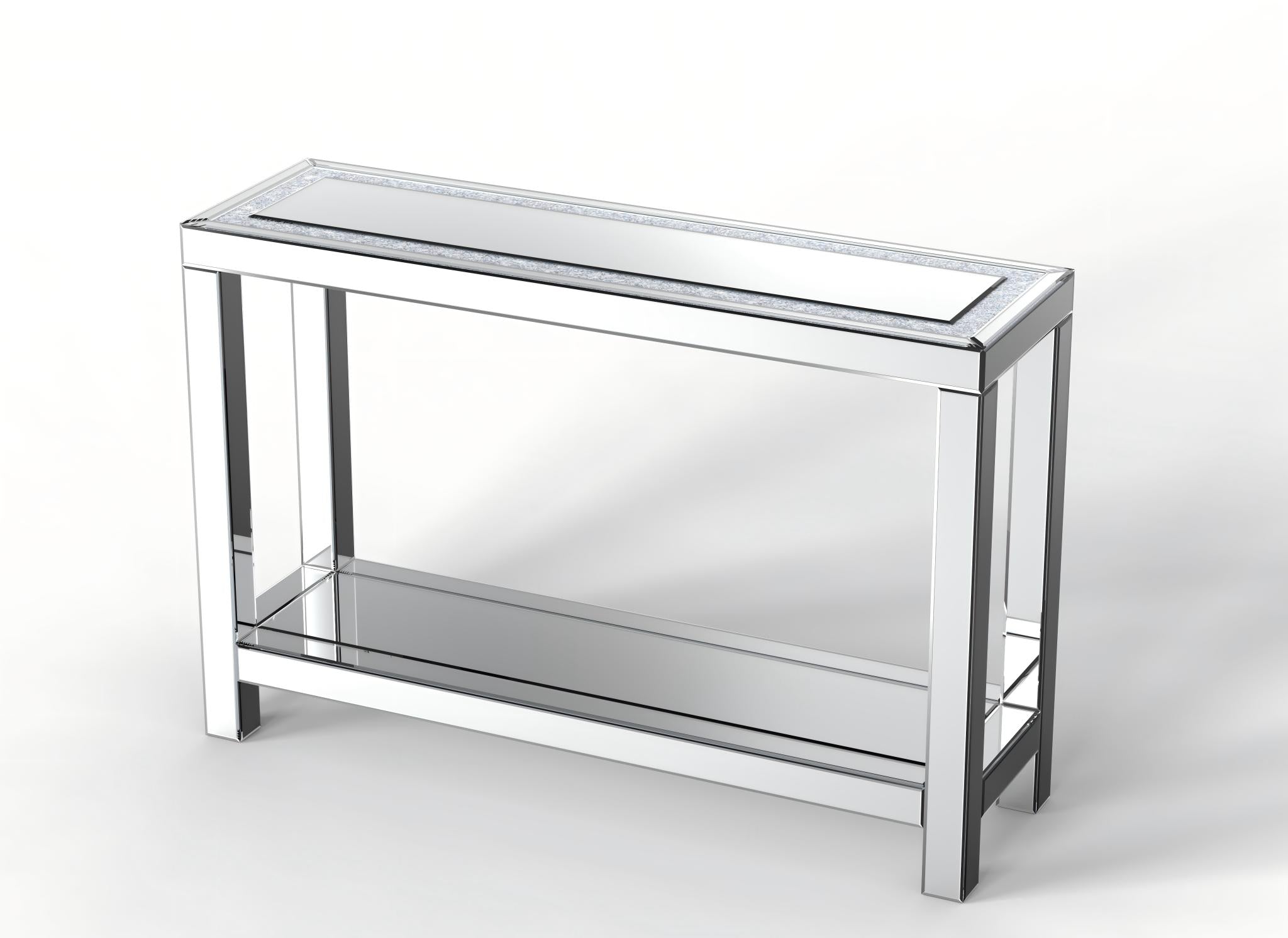 47" Silver Mirrored Glass And Faux Crystals Console Table With Shelf