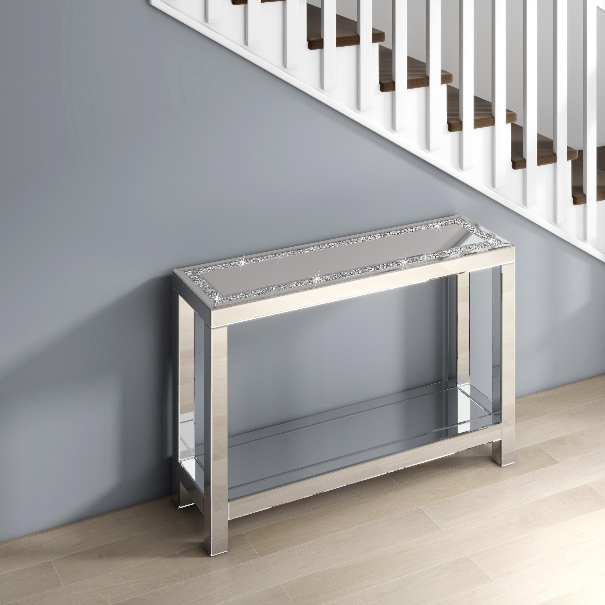 47" Silver Mirrored Glass And Faux Crystals Console Table With Shelf