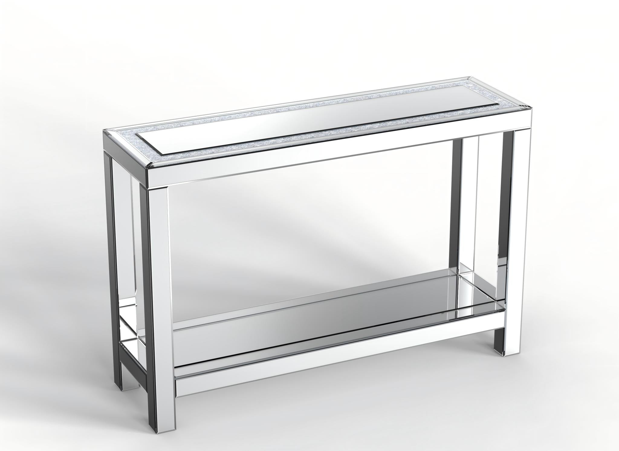47" Silver Mirrored Glass And Faux Crystals Console Table With Shelf