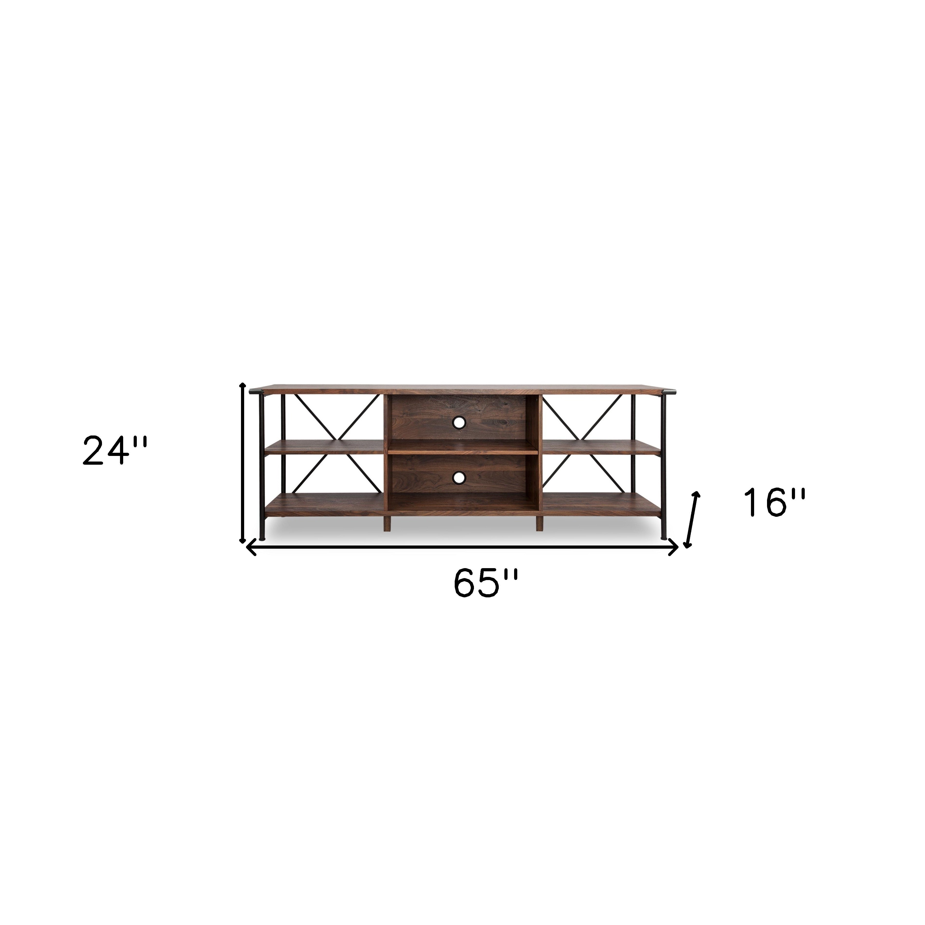 65" Walnut And Black Wood And Steel Open Shelving TV Stand