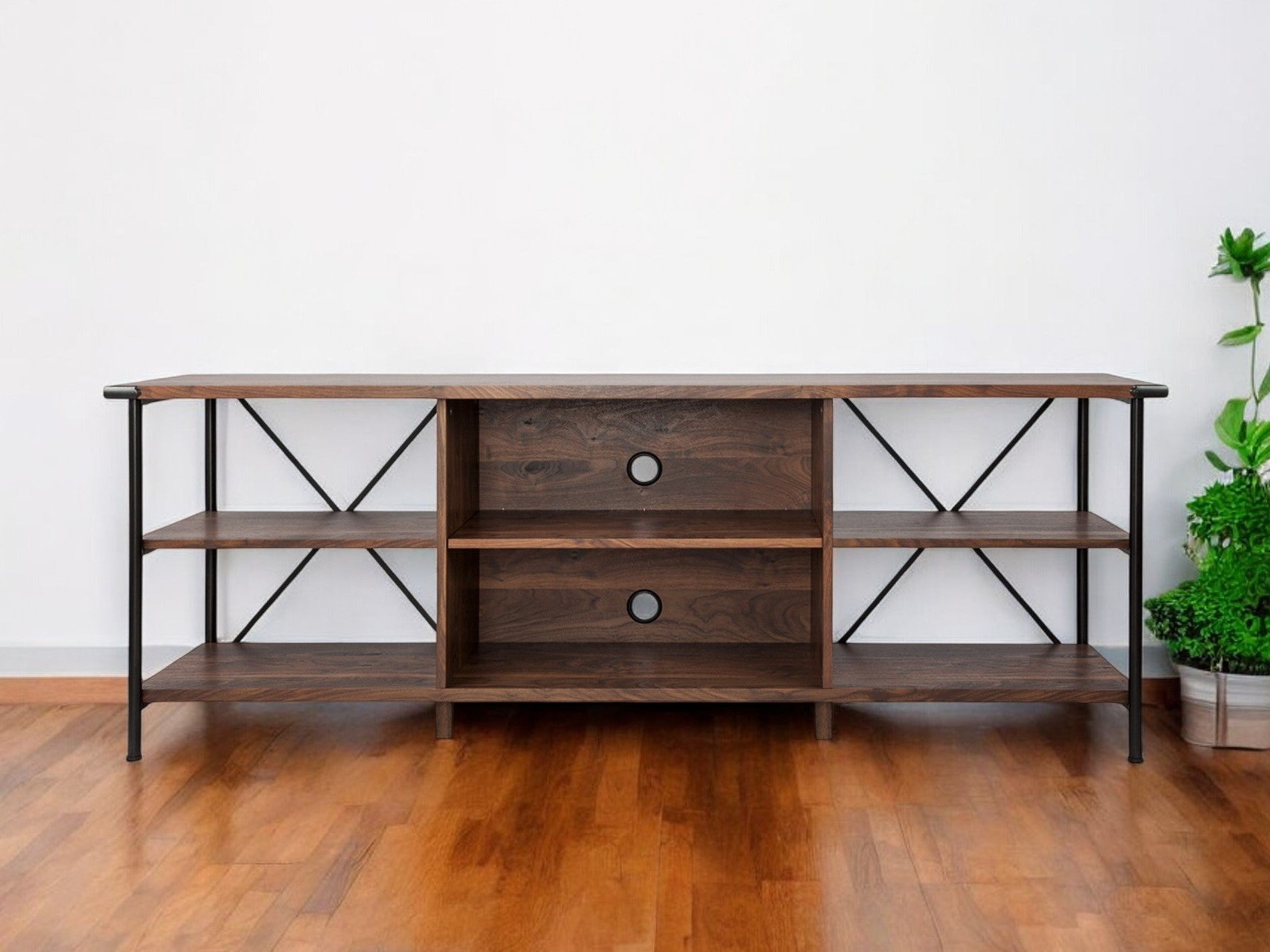 65" Walnut And Black Wood And Steel Open Shelving TV Stand