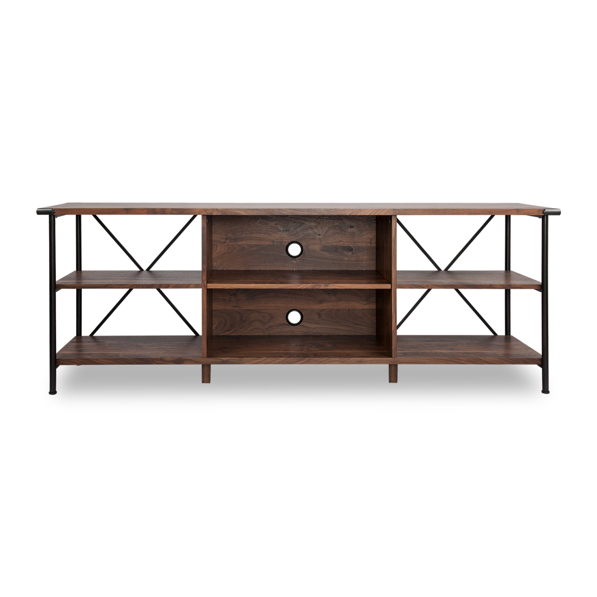 65" Walnut And Black Wood And Steel Open Shelving TV Stand