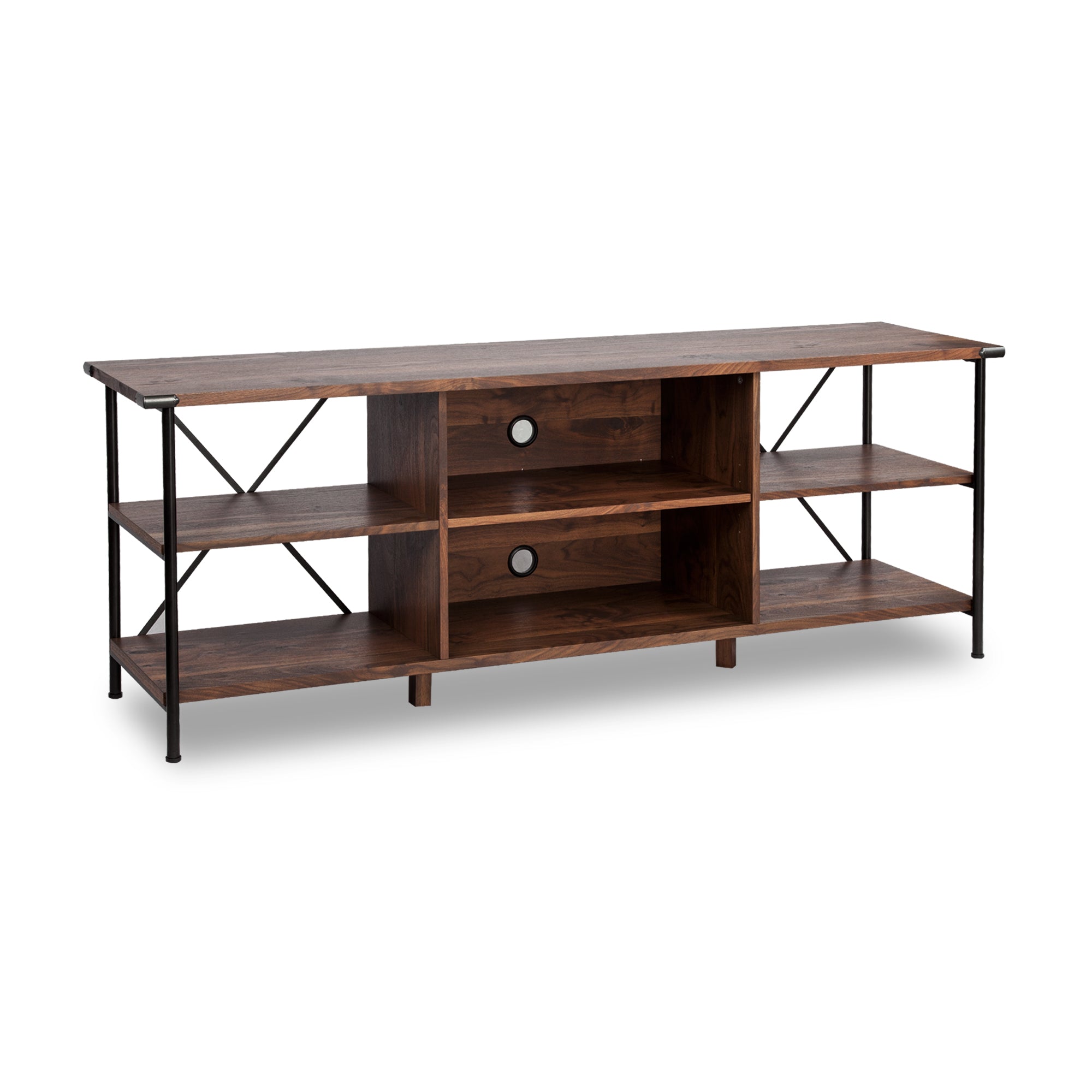 65" Walnut And Black Wood And Steel Open Shelving TV Stand