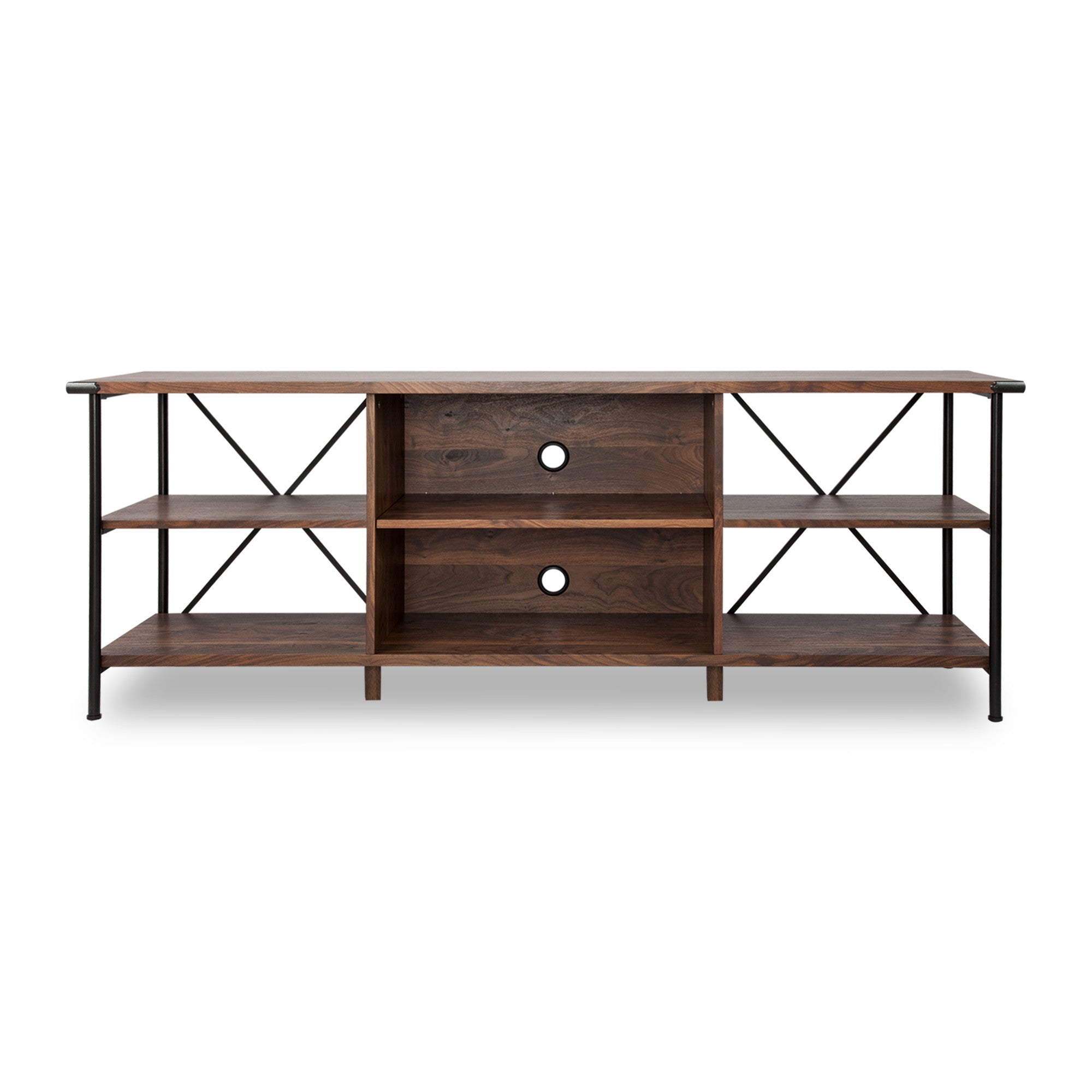 65" Walnut And Black Wood And Steel Open Shelving TV Stand