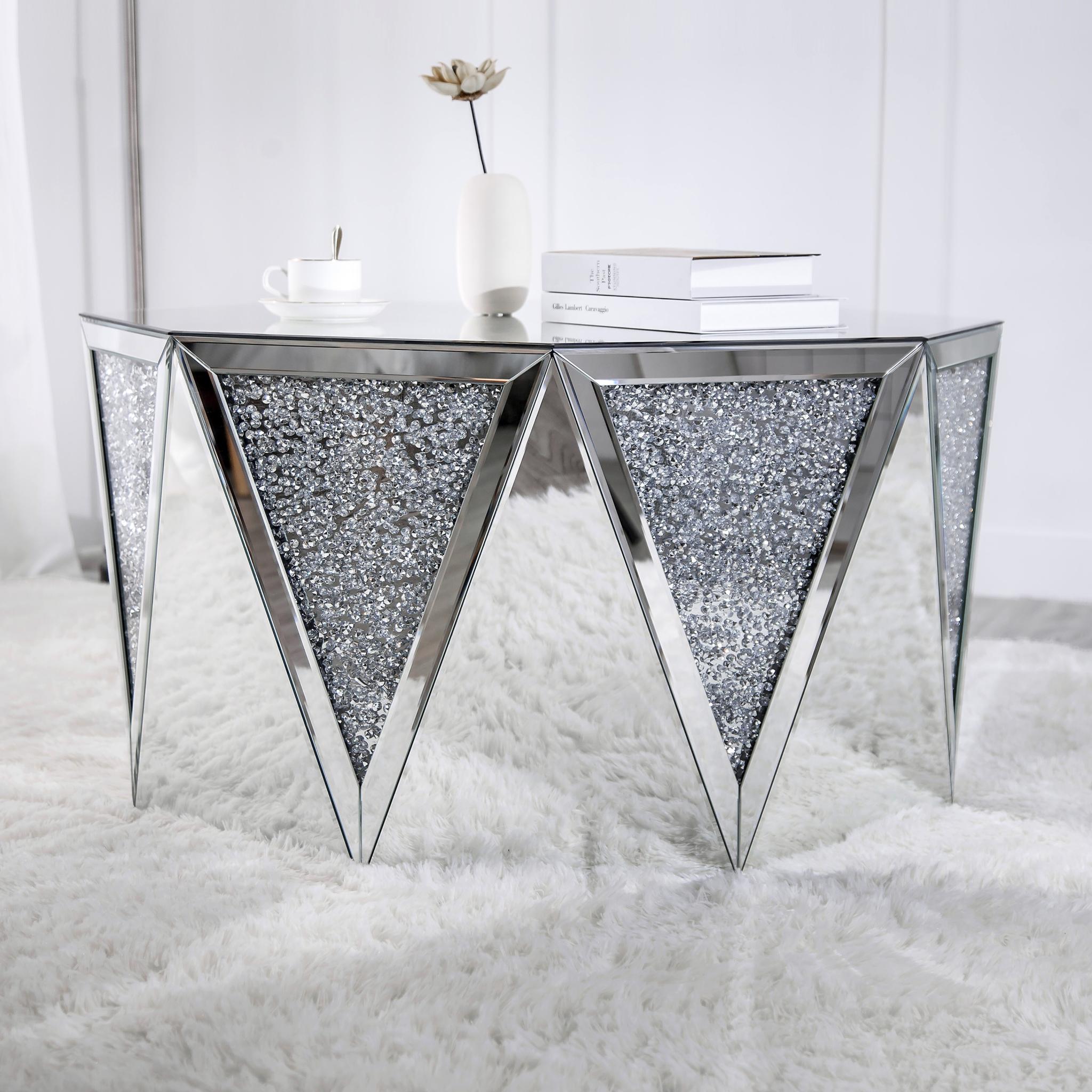 32" Silver Mirrored Glass and Faux Crystal Hexagon Drum Coffee Table