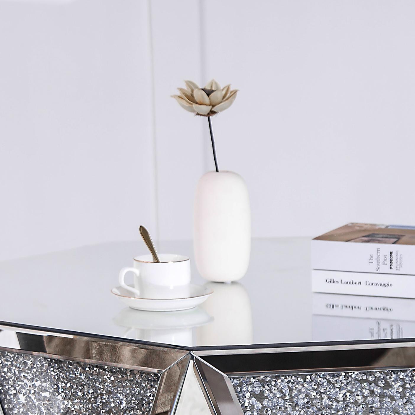 32" Silver Mirrored Glass and Faux Crystal Hexagon Drum Coffee Table
