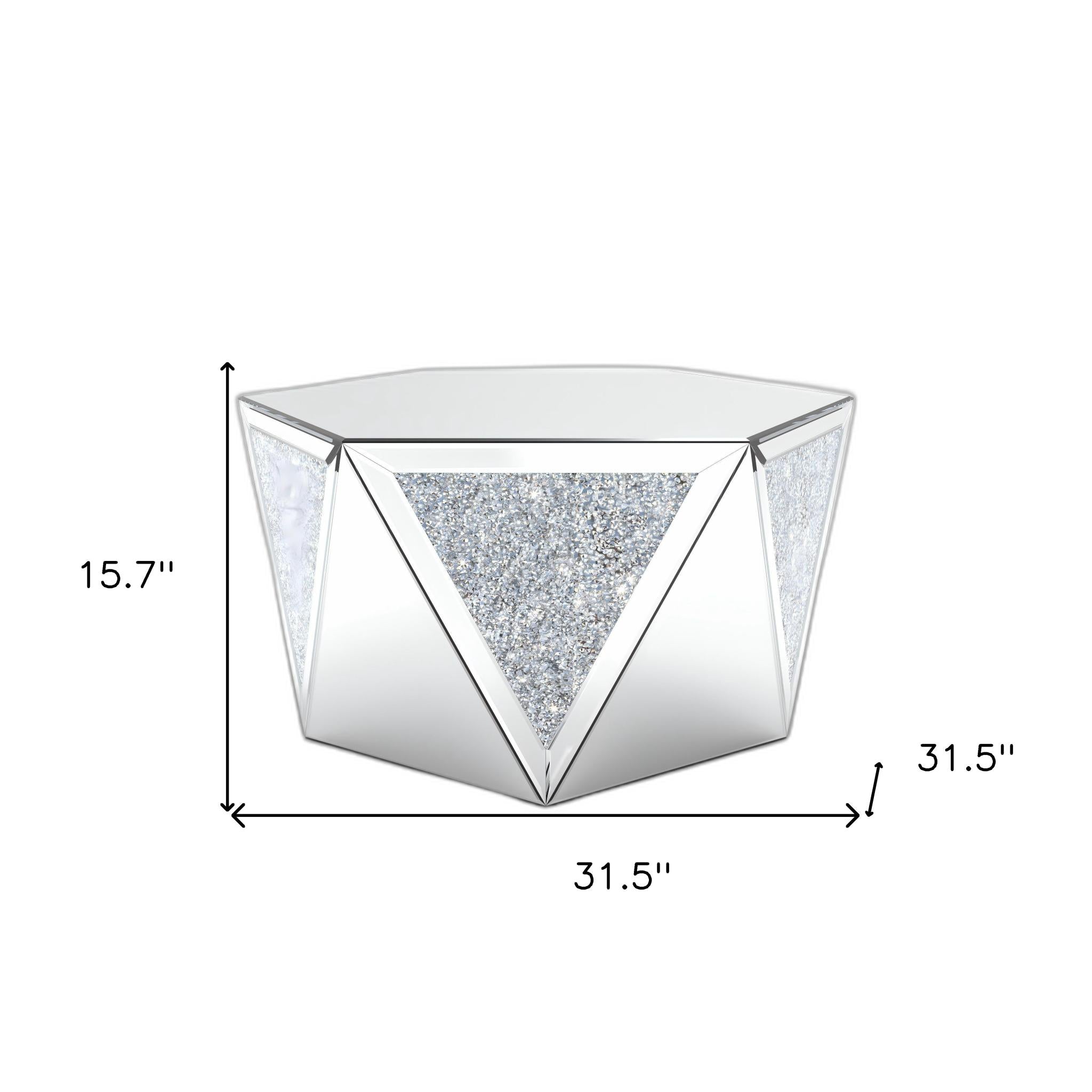 32" Silver Mirrored Glass and Faux Crystal Hexagon Drum Coffee Table