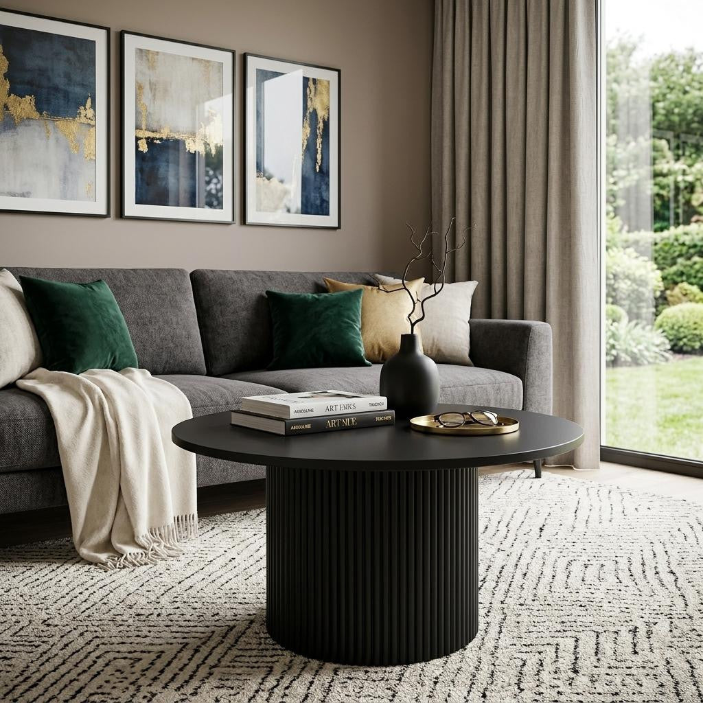 36" Black Solid Wood Round Pedestal Coffee Table