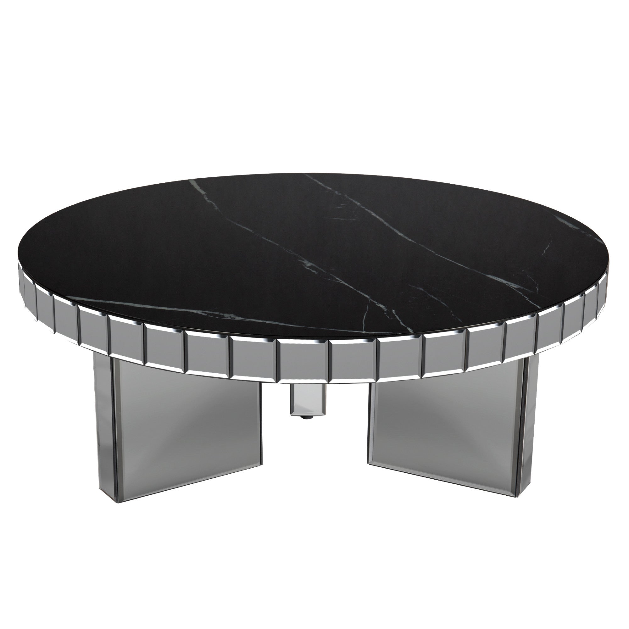 35" Silver And Black Mirrored Glass and Faux Marble Round Coffee Table