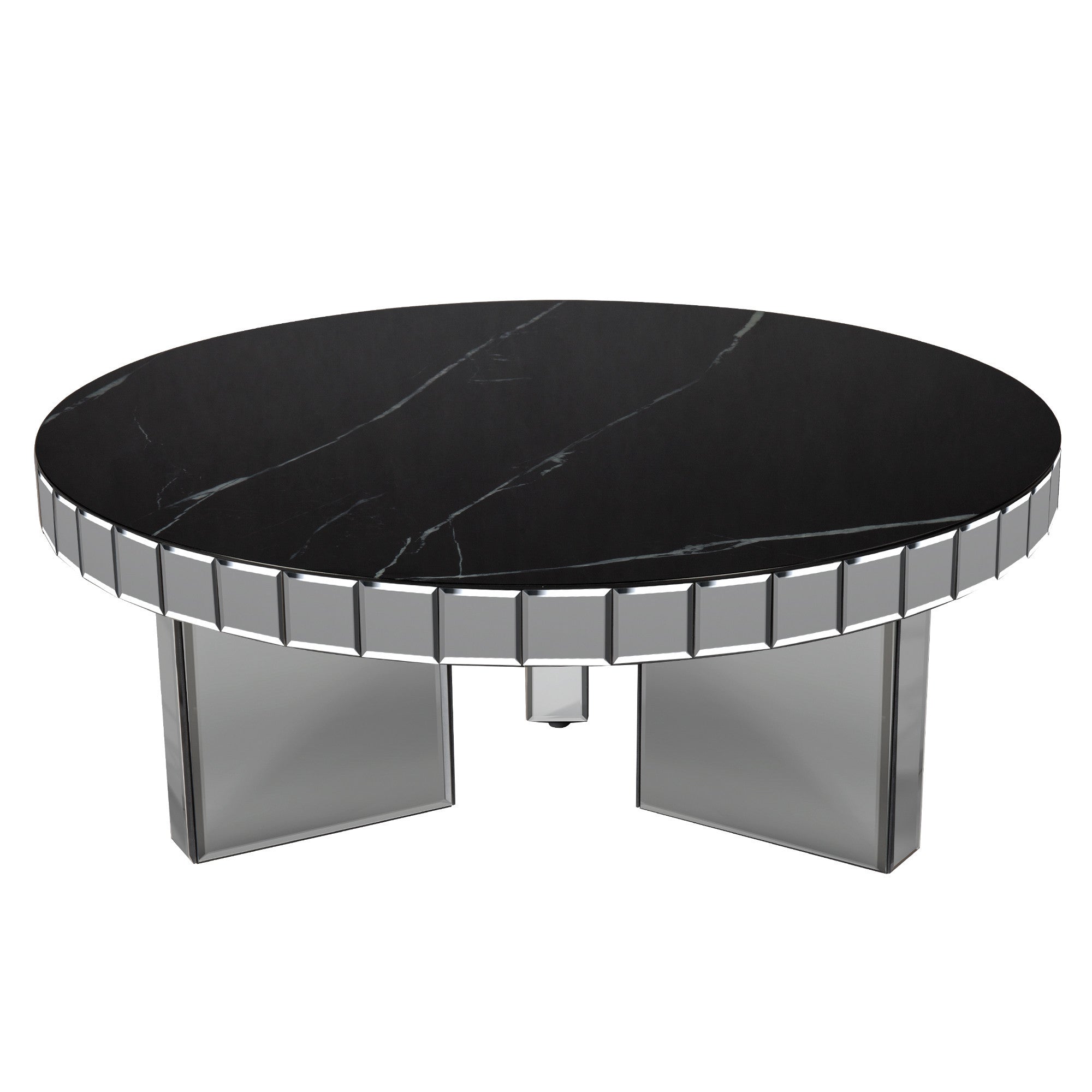 35" Silver And Black Mirrored Glass and Faux Marble Round Coffee Table