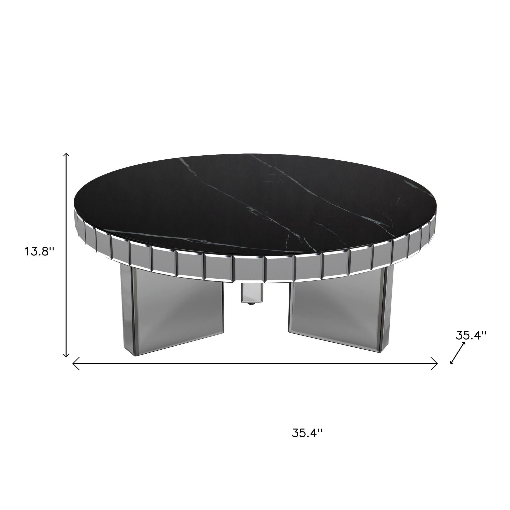 35" Silver And Black Mirrored Glass and Faux Marble Round Coffee Table