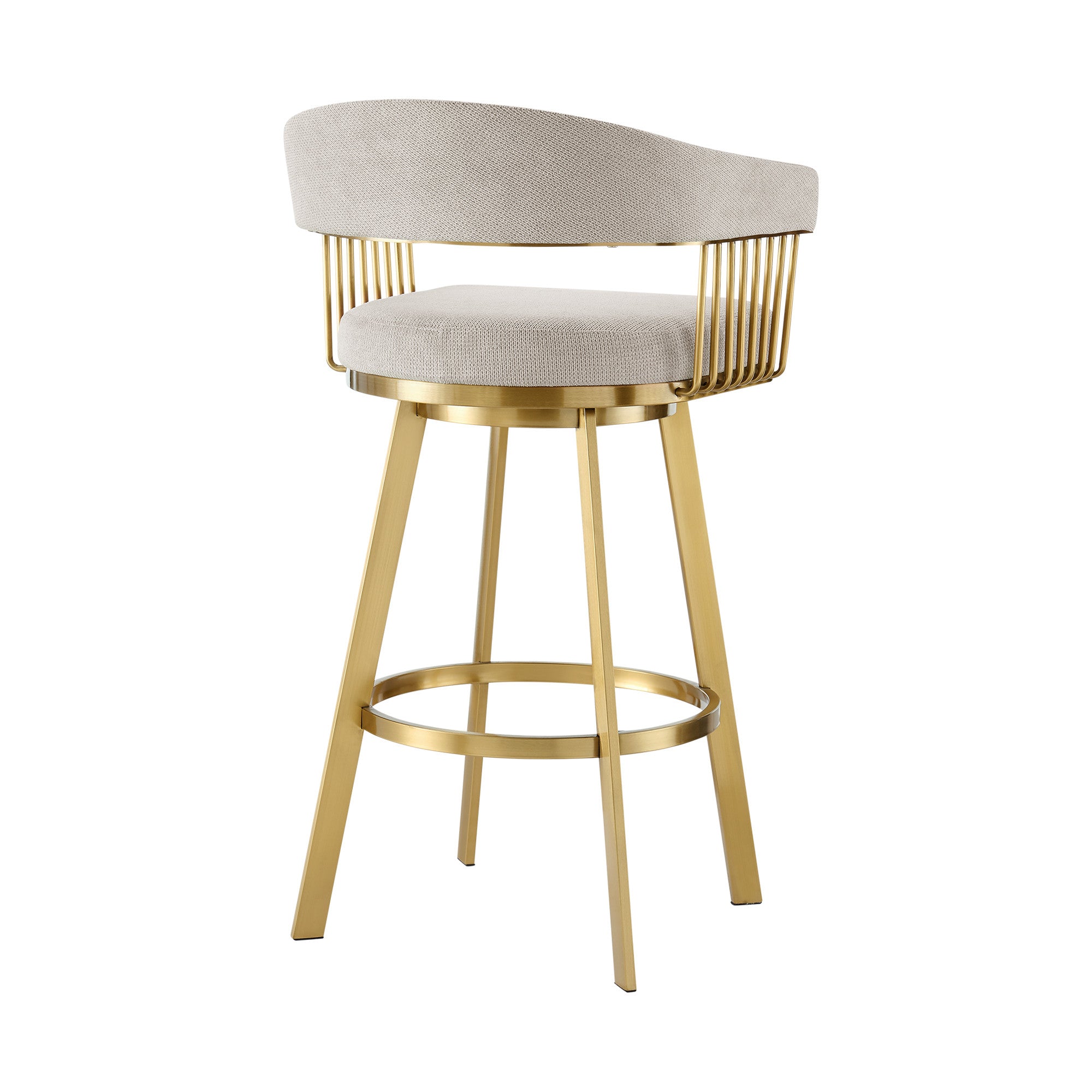 26" Taupe and Gold Fabric and Stainless Steel Low Back Counter Height Swivel Bar Chair