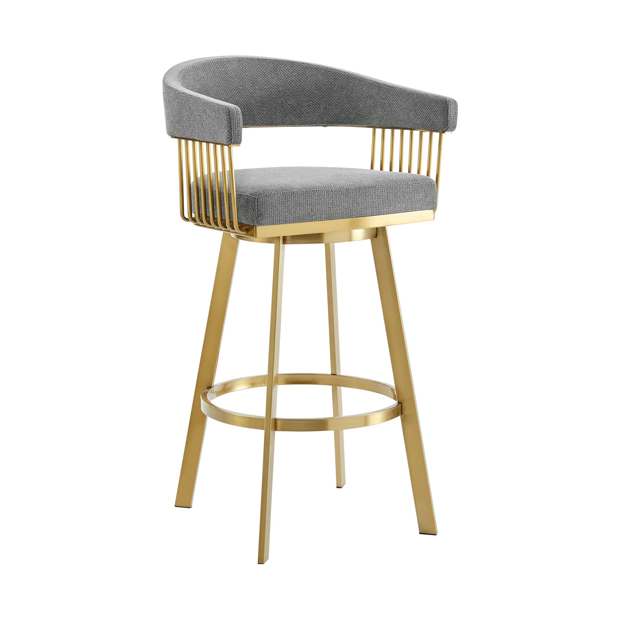 26" Gray and Gold Fabric and Stainless Steel Low Back Counter Height Swivel Bar Chair