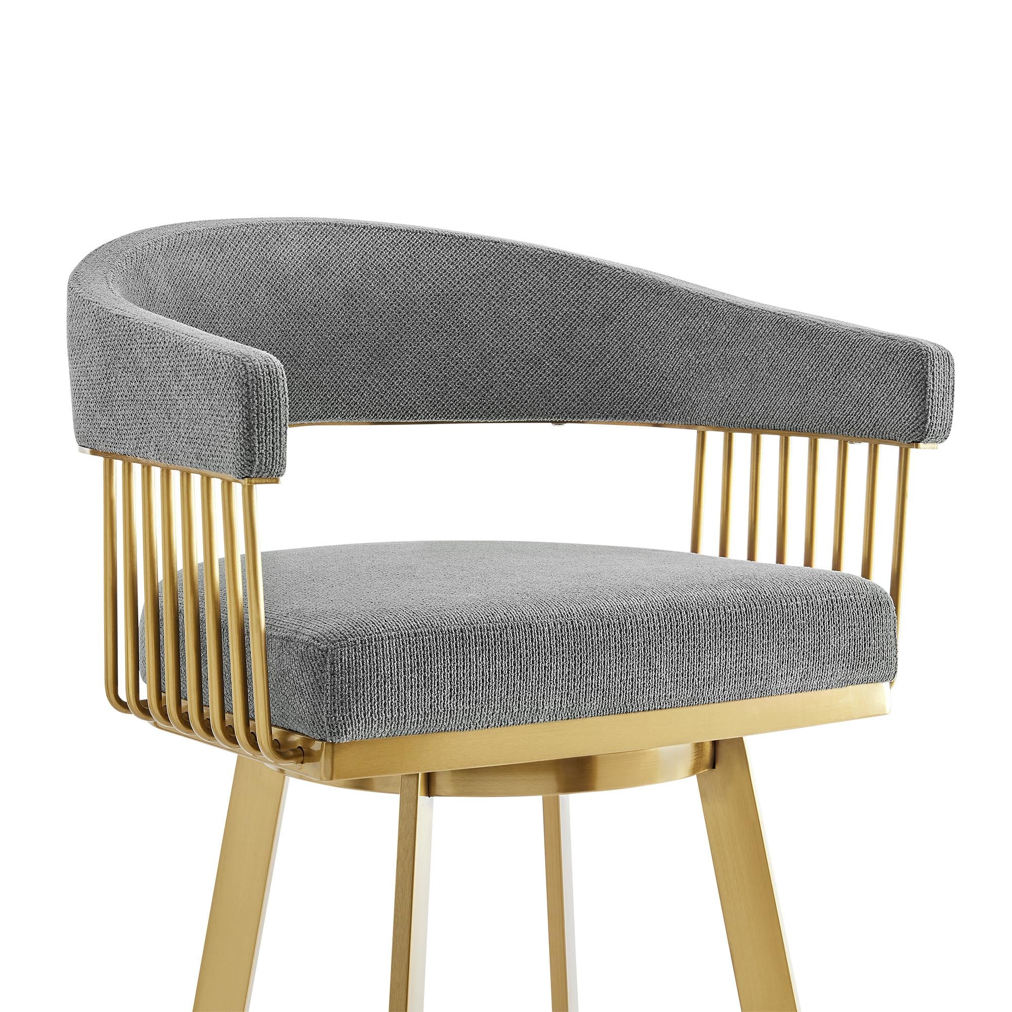 26" Gray and Gold Fabric and Stainless Steel Low Back Counter Height Swivel Bar Chair