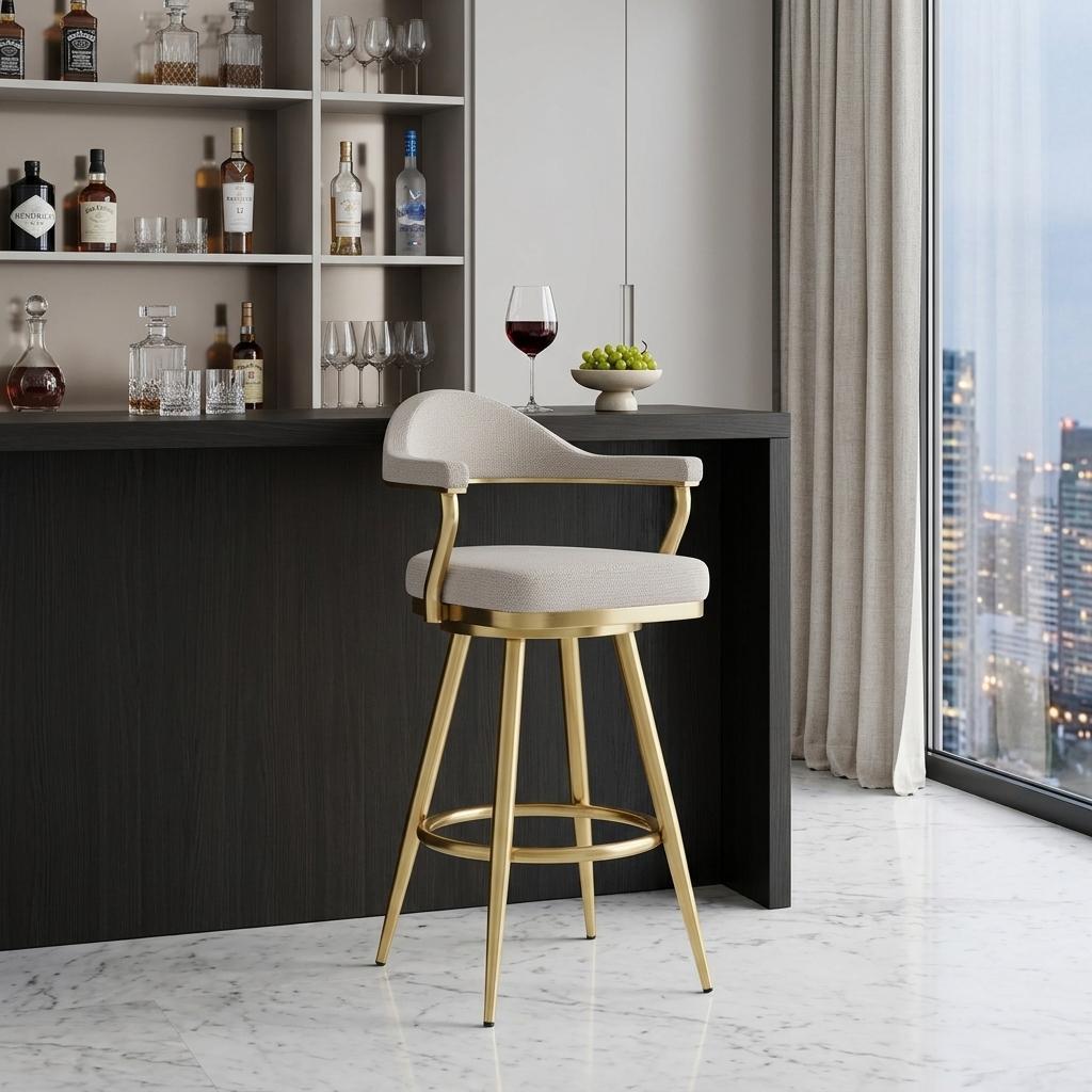 30" Taupe and Gold Fabric and Stainless Steel Bar Height Swivel Bar Chair