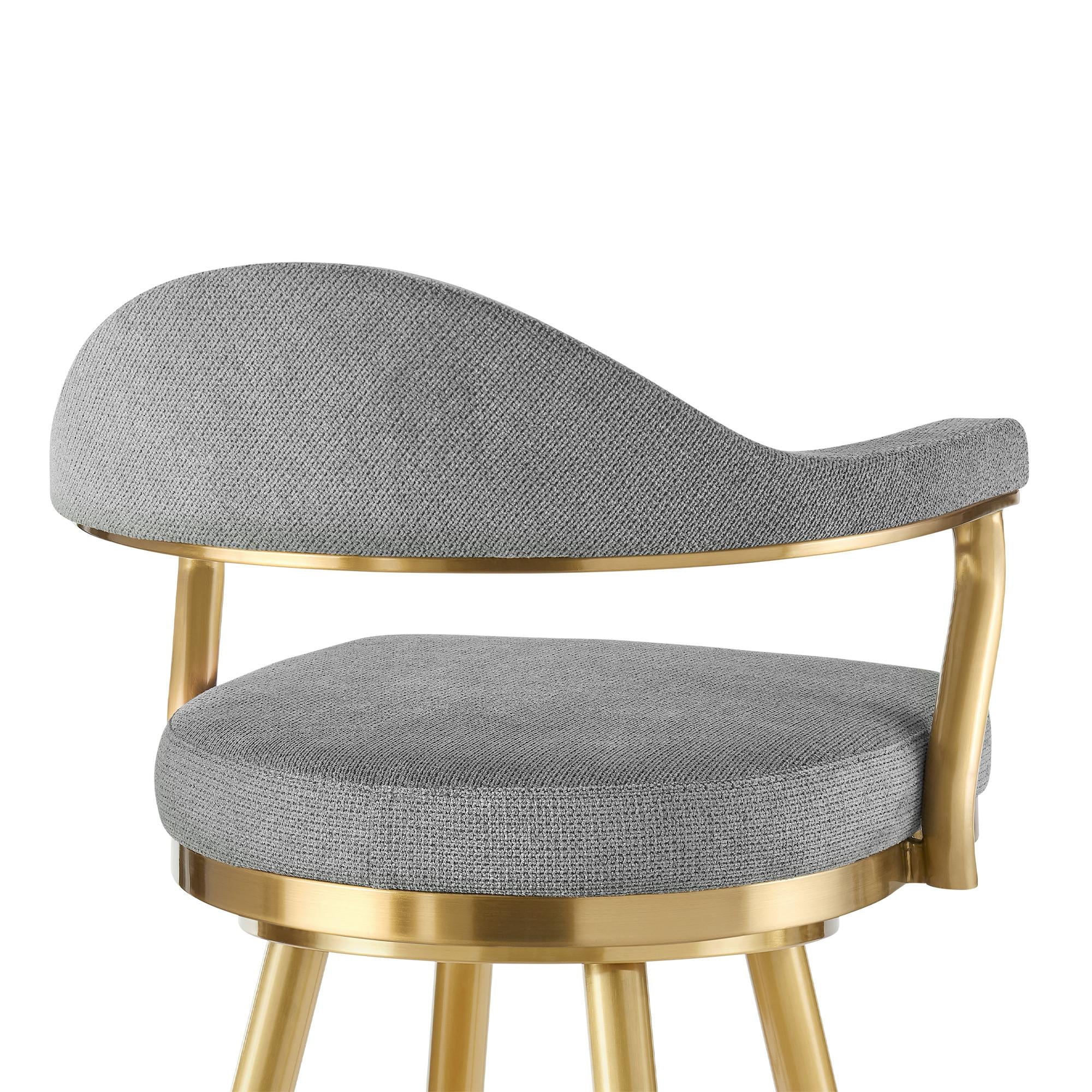 26" Gray and Gold Fabric and Stainless Steel Counter Height Swivel Bar Chair