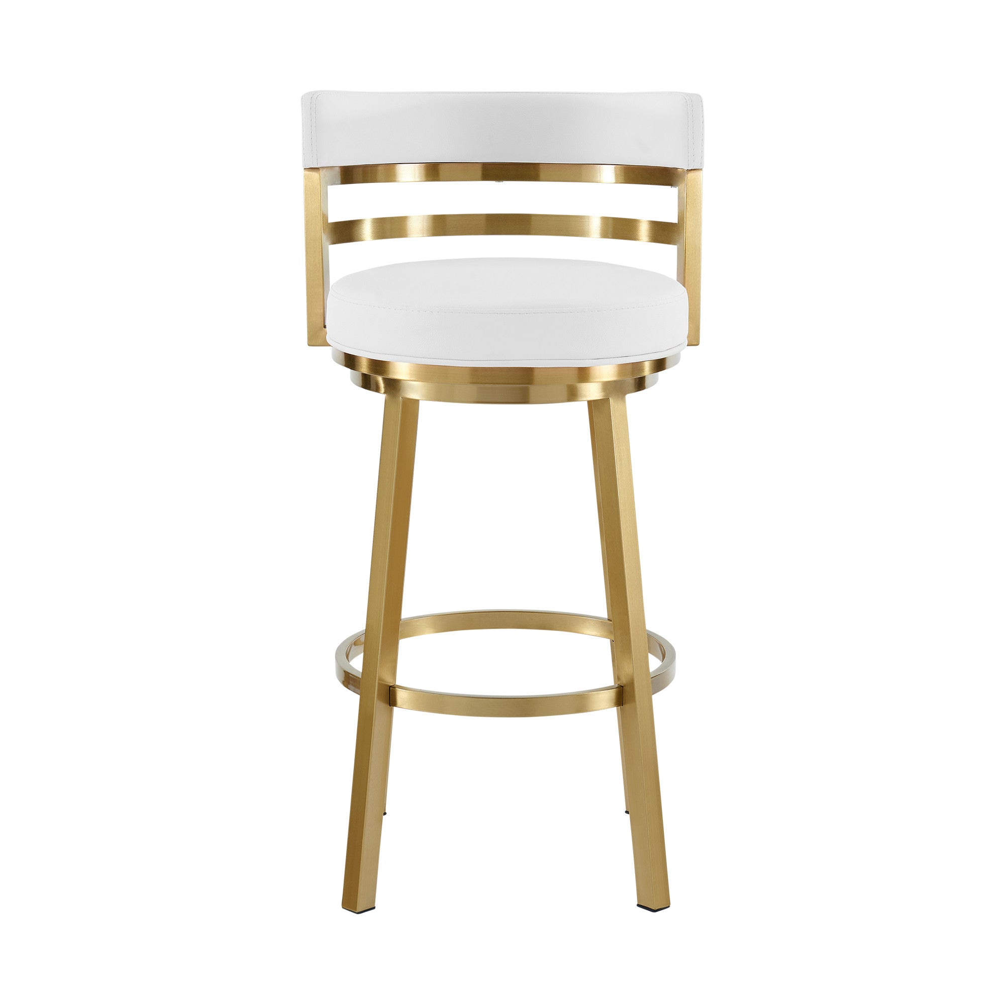 26" White and Gold Faux Leather and Stainless Steel Low Back Counter Height Swivel Bar Chair