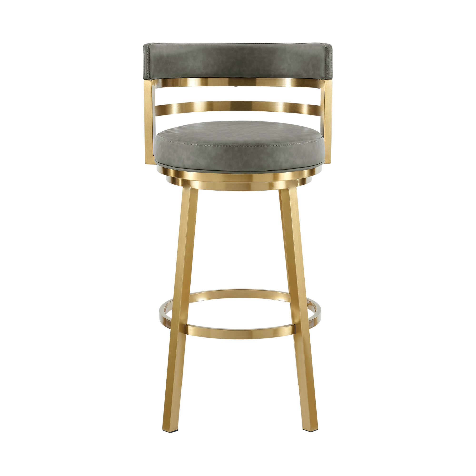 30" Gray and Gold Faux Leather and Stainless Steel Low Back Bar Height Swivel Bar Chair
