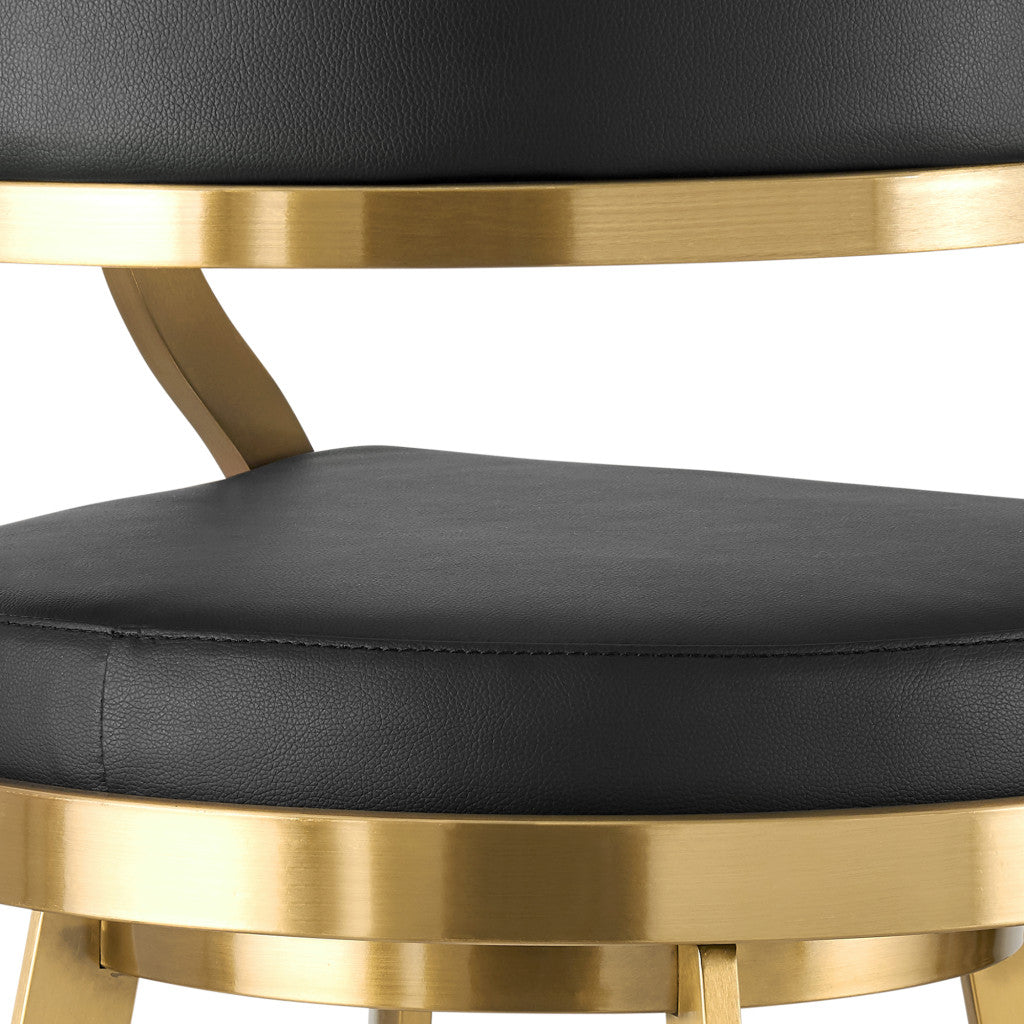26" Black and Gold Faux Leather and Stainless Steel Low Back Counter Height Swivel Bar Chair