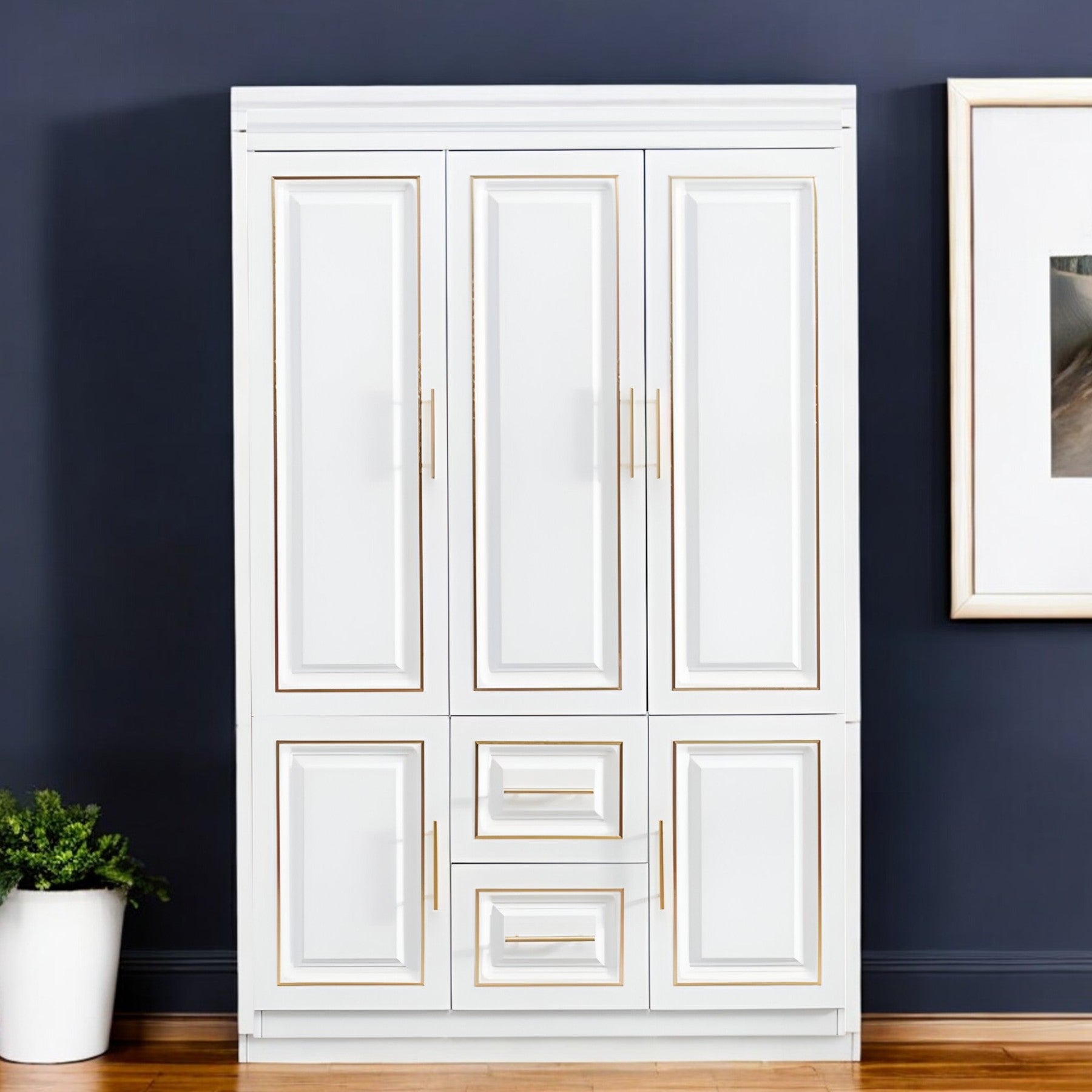 74" White And Gold Five Door Two Drawer Combo Dresser