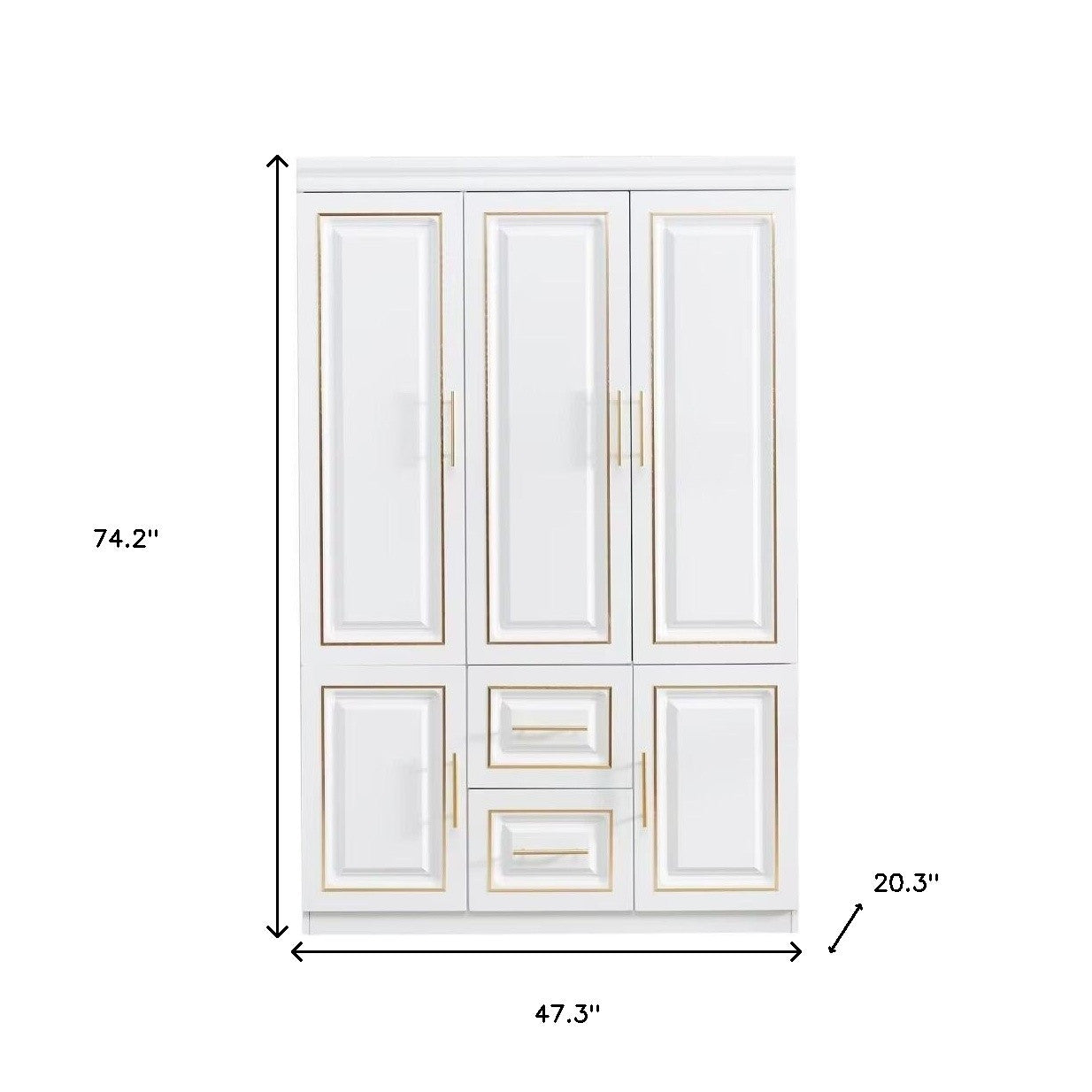74" White And Gold Five Door Two Drawer Combo Dresser