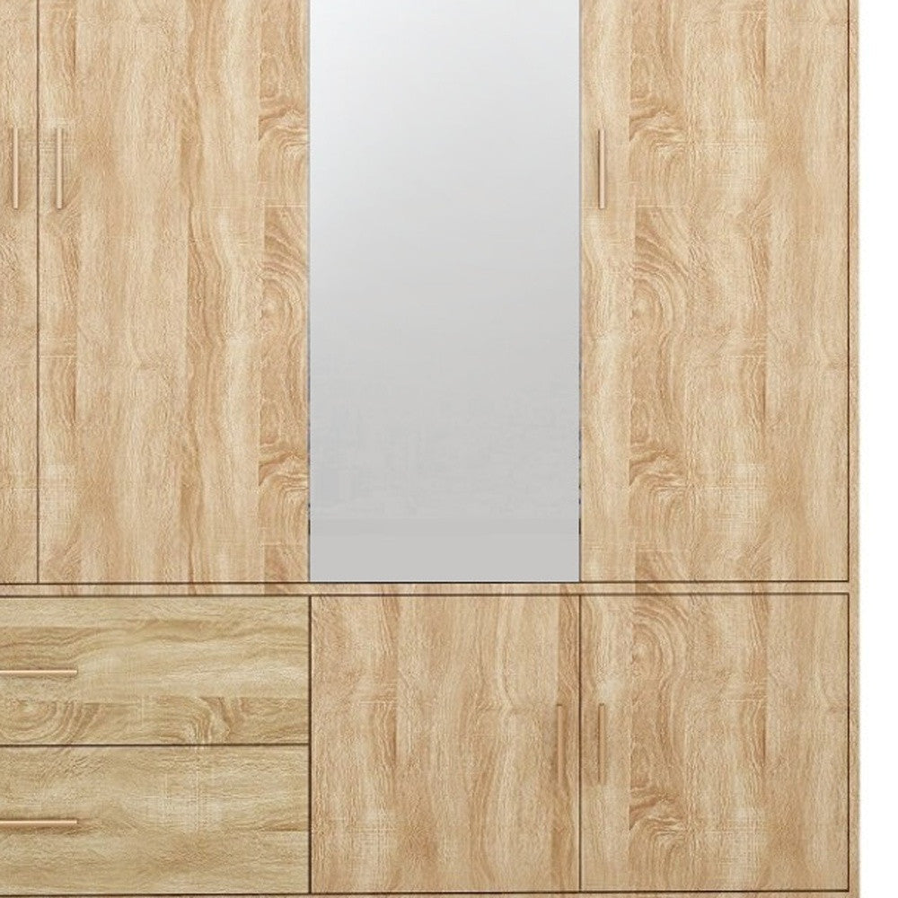 71" Natural Wood Mirrored Four Door Two Drawer Combo Dresser