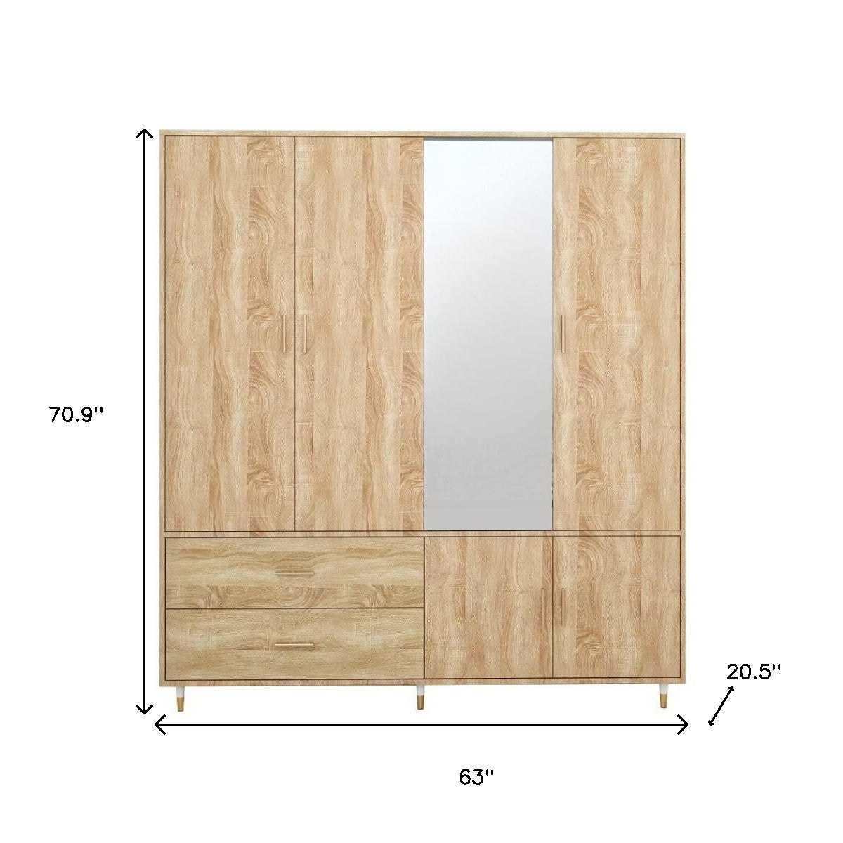 71" Natural Wood Mirrored Four Door Two Drawer Combo Dresser