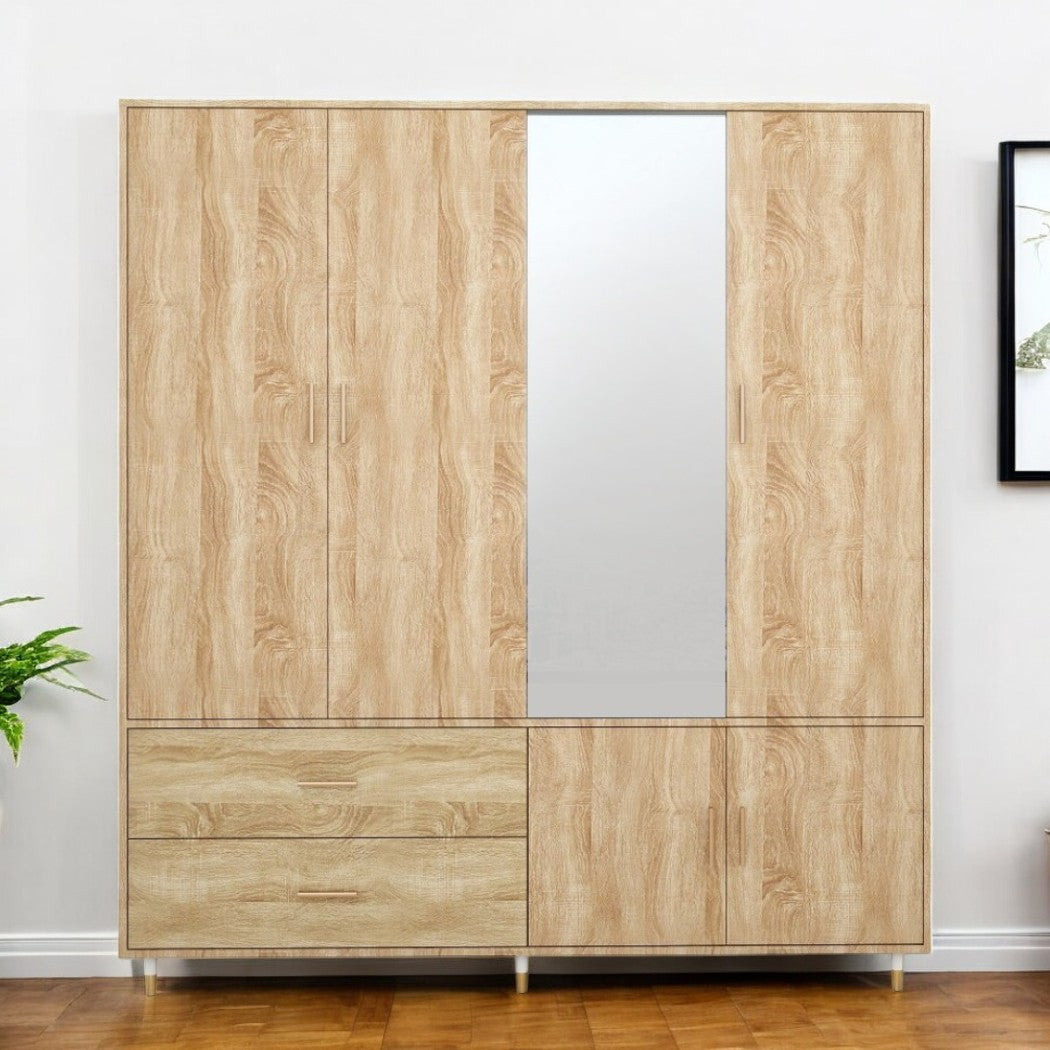 71" Natural Wood Mirrored Four Door Two Drawer Combo Dresser