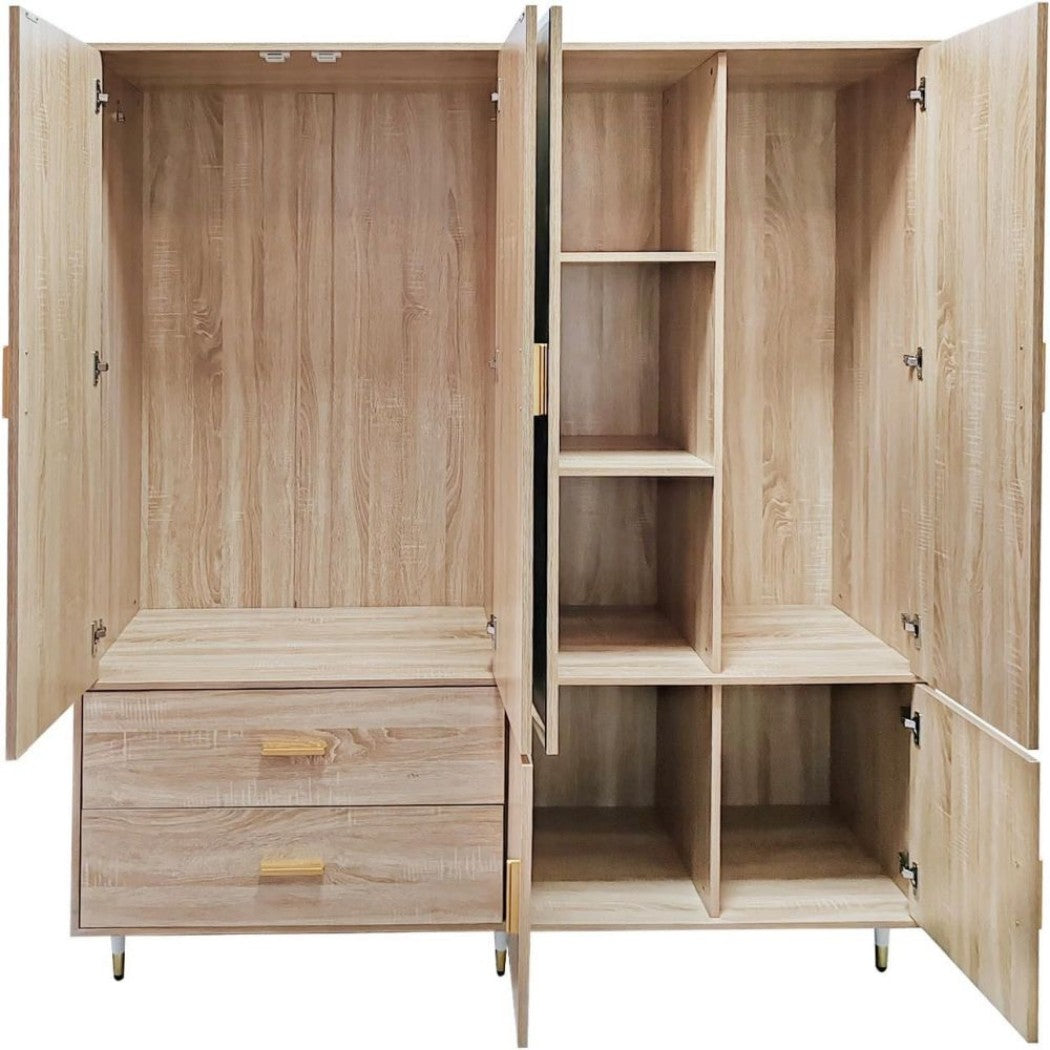 71" Natural Wood Mirrored Four Door Two Drawer Combo Dresser